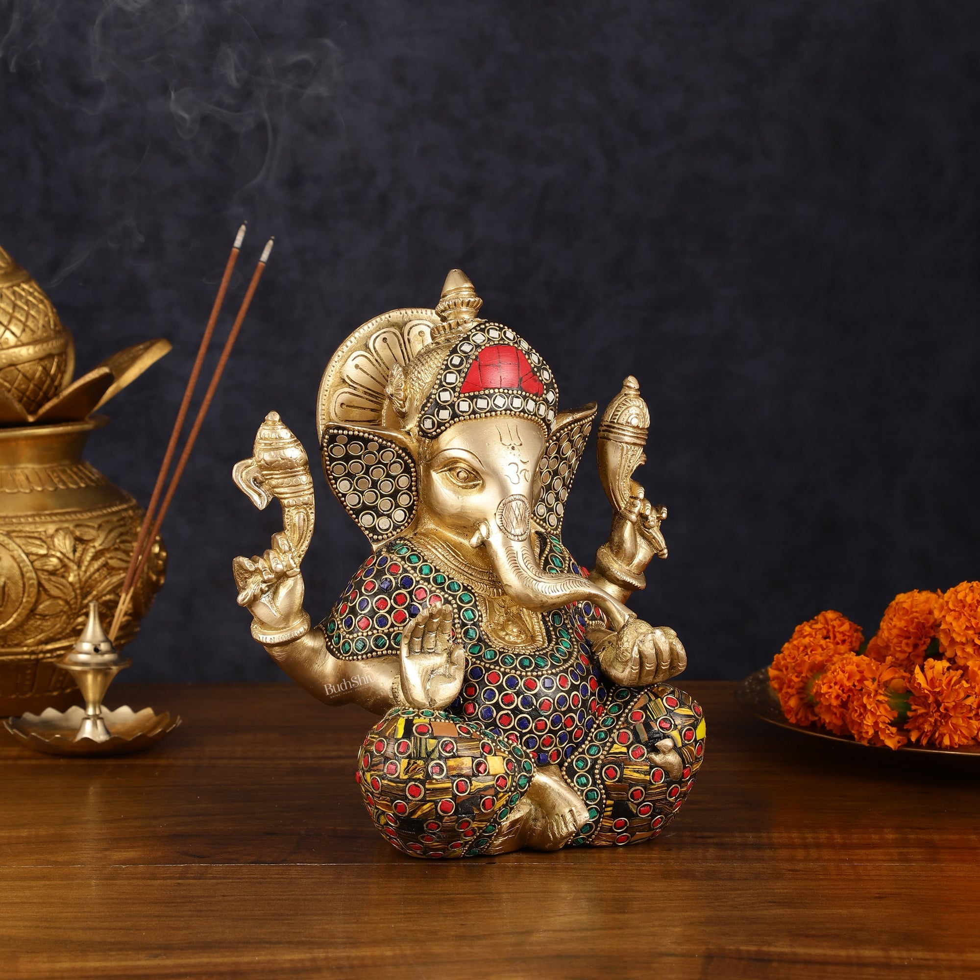 Brass Taj Ganesha Idol with Stonework - 8" Height, Divine Artistry