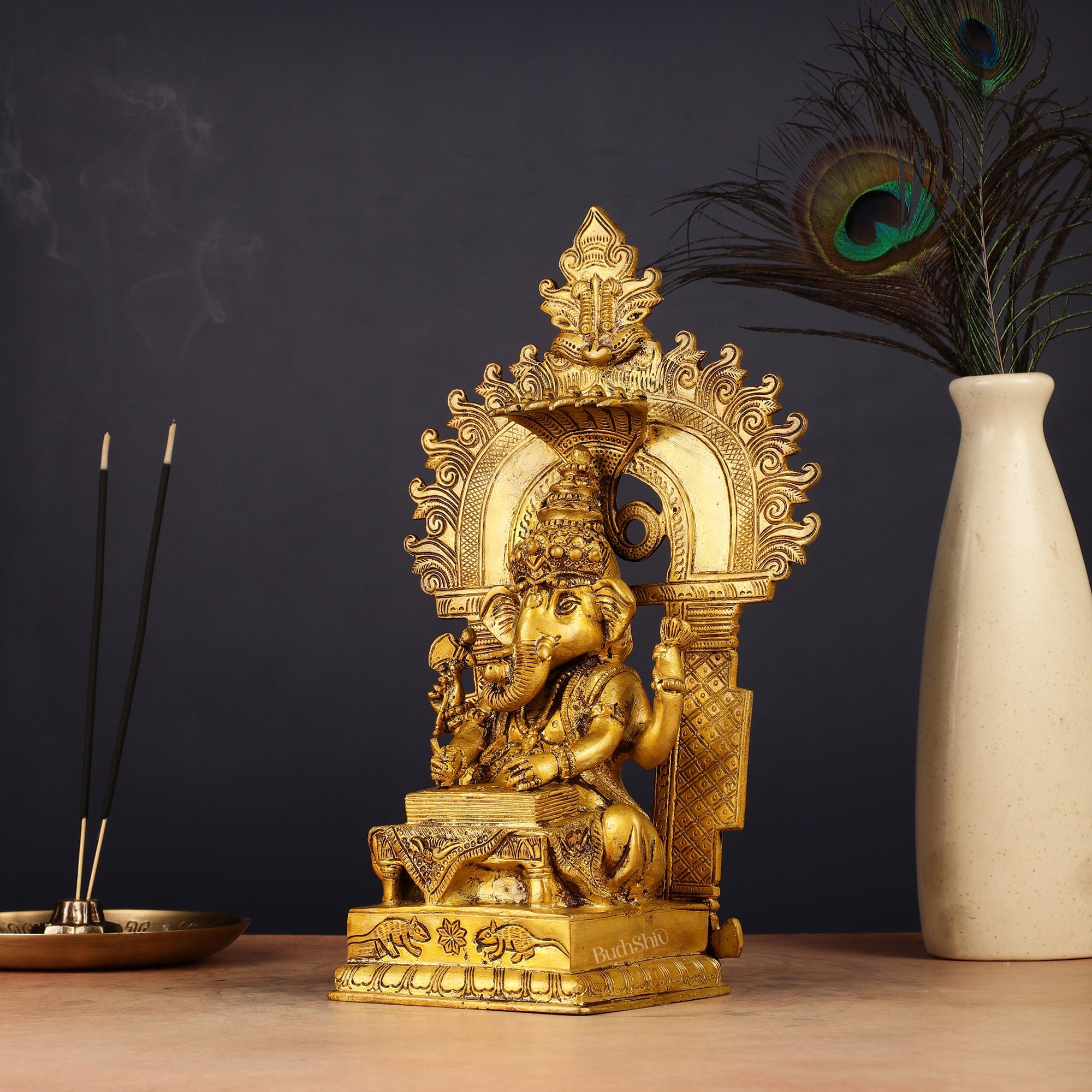 Brass Writing Ganesha Statue with Prabhal 10.5"