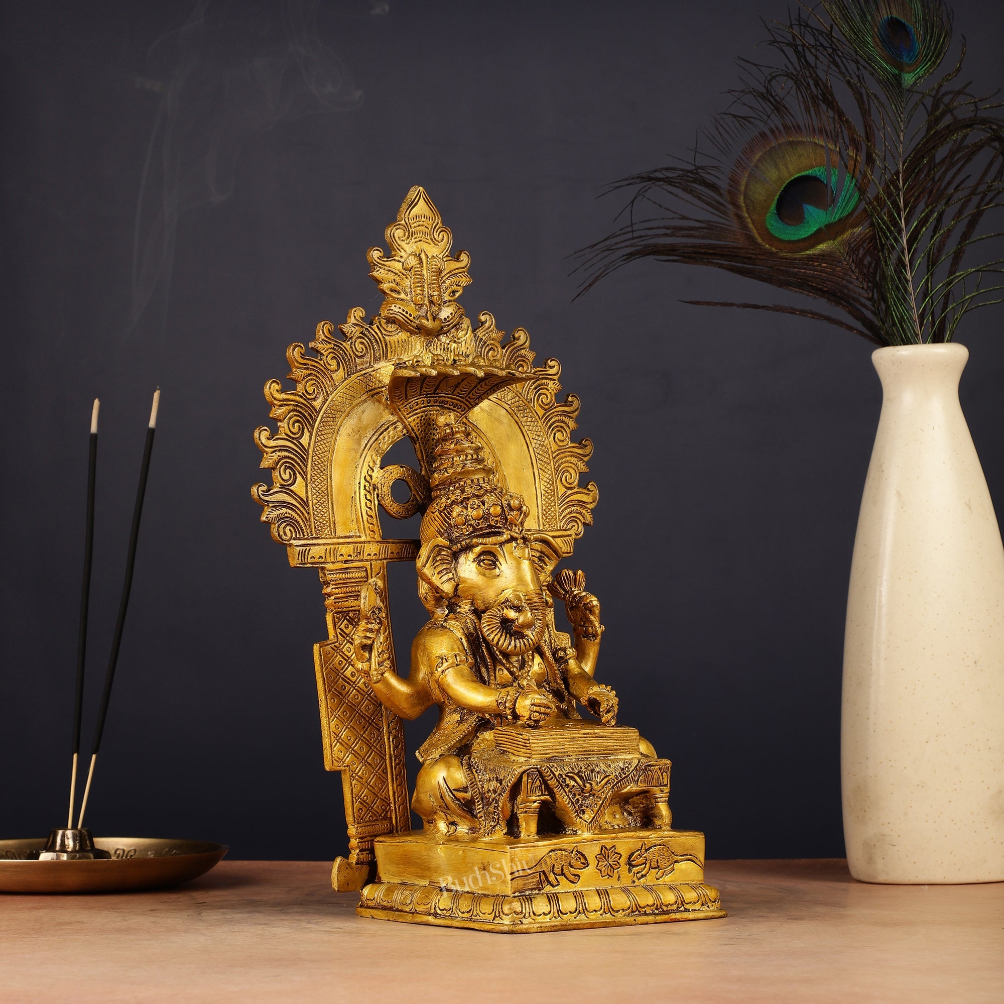 Brass Writing Ganesha Statue with Prabhal 10.5"