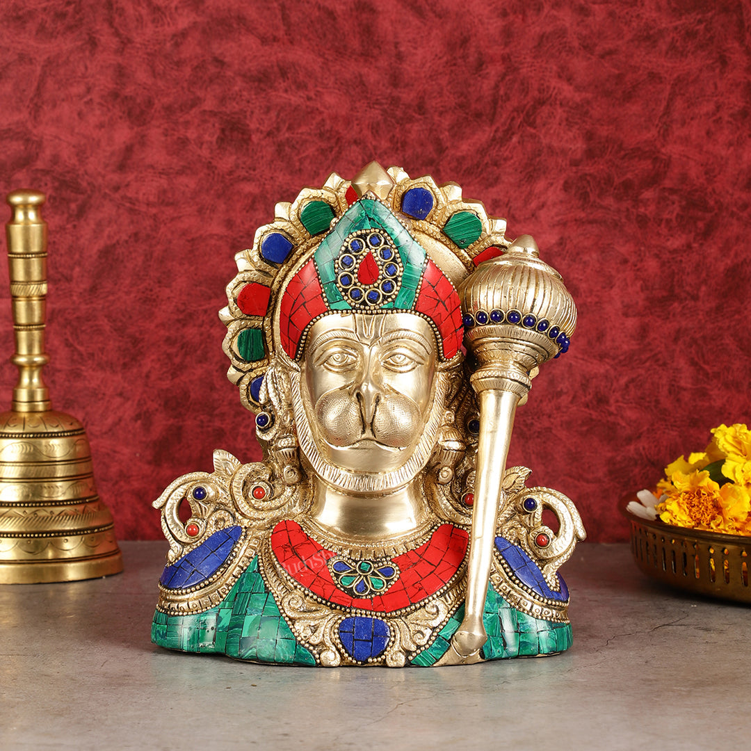 Brass Handcrafted Brass Hanuman Ji Bust with Multicolour Stonework - 8"