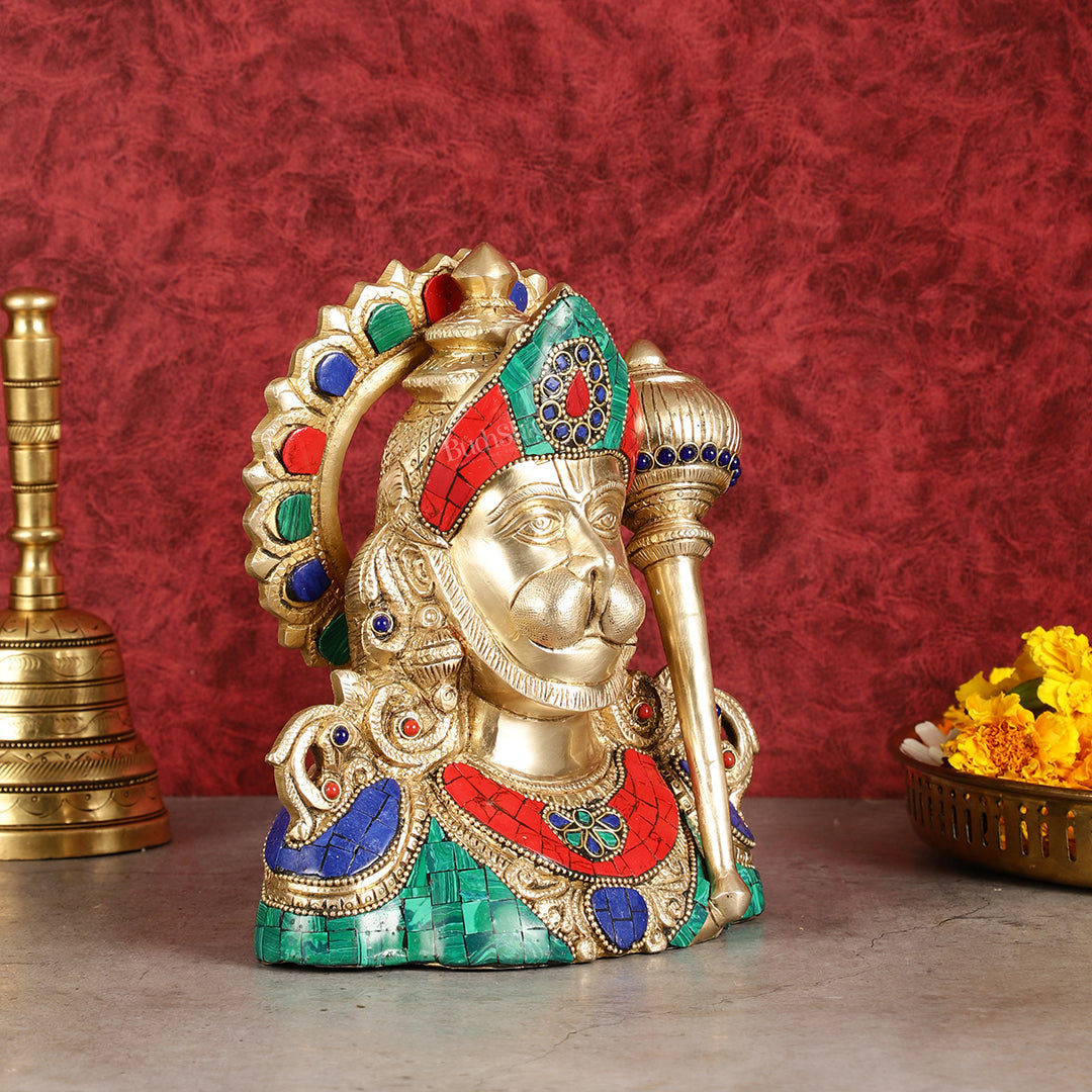Brass Handcrafted Brass Hanuman Ji Bust with Multicolour Stonework - 8"