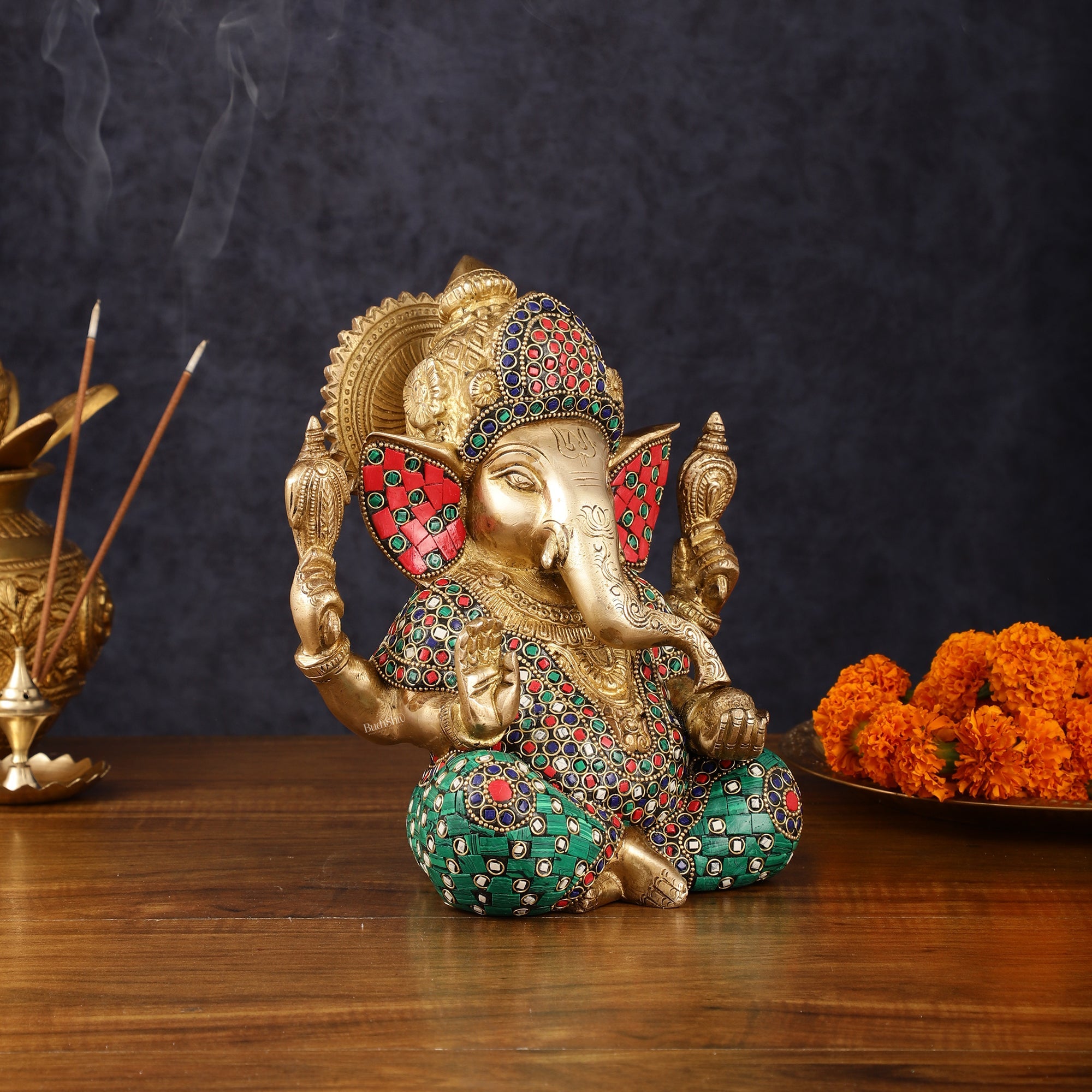 Handcrafted Pure Brass Ganesha Idol with Natural Color Stones - 8" Height
