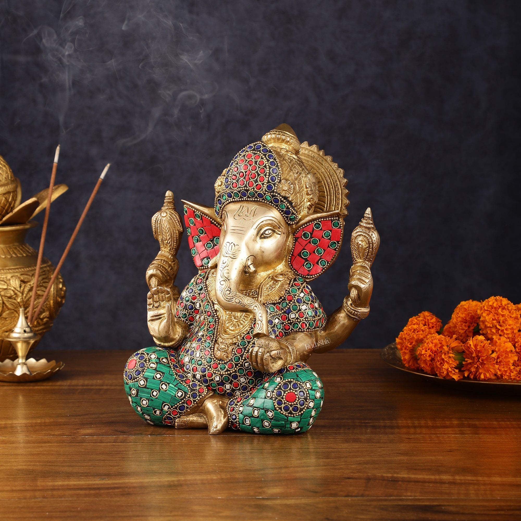 Handcrafted Pure Brass Ganesha Idol with Natural Color Stones - 8" Height