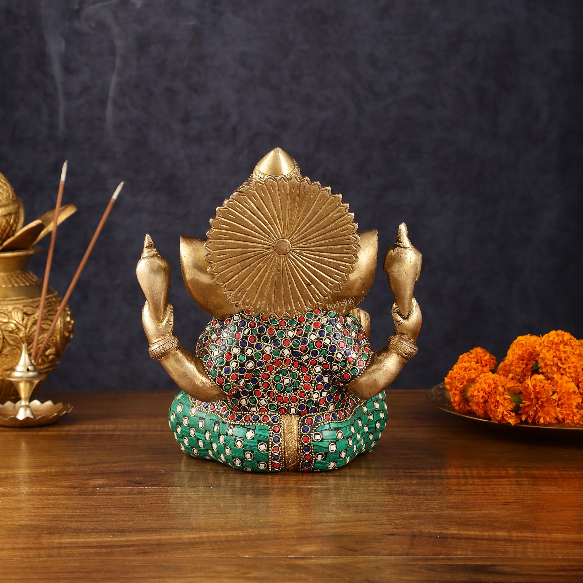 Handcrafted Pure Brass Ganesha Idol with Natural Color Stones - 8" Height