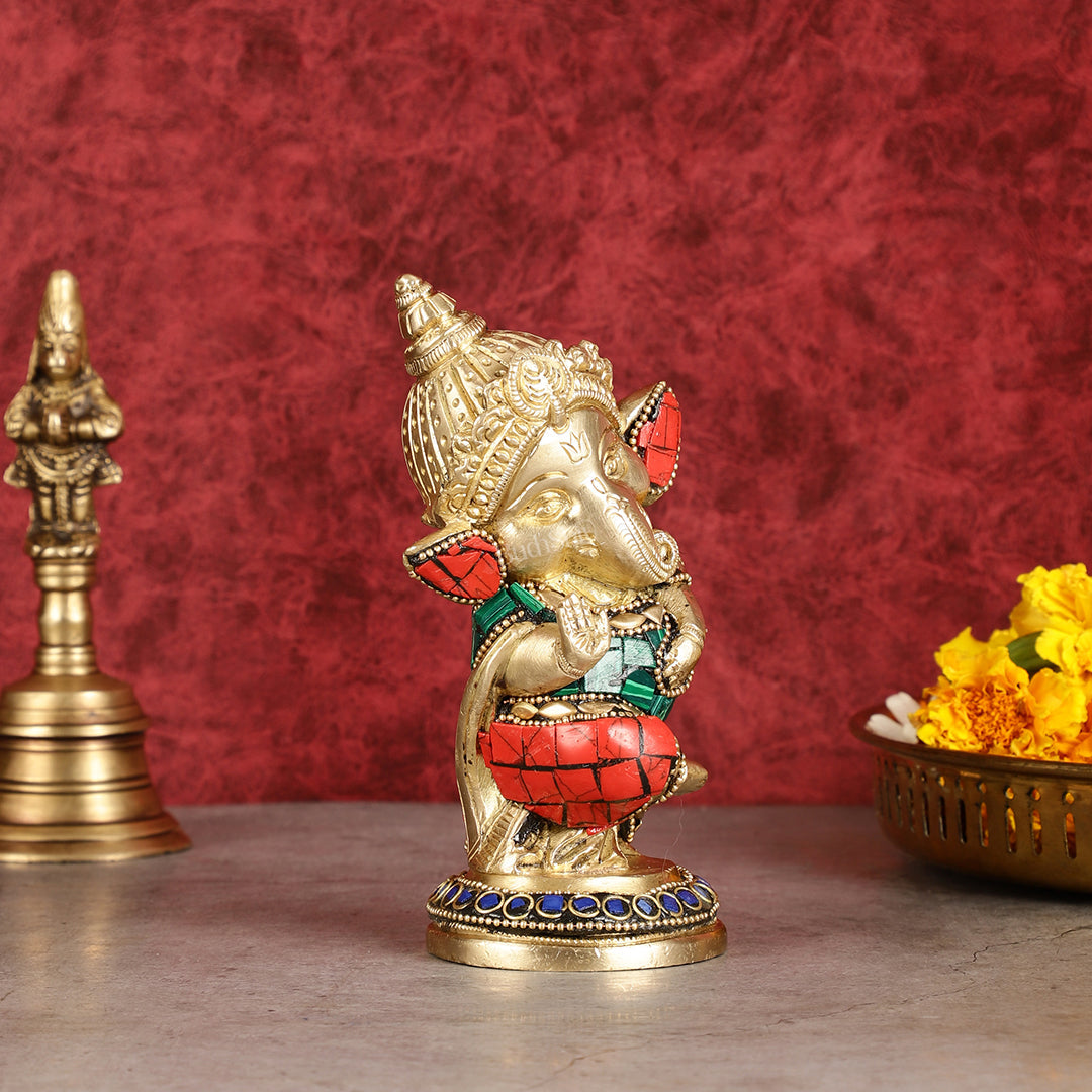 Baby Ganesha Aashirwaad Brass Idol - Perfect for Office Desk, Study Table, Temple - stonework