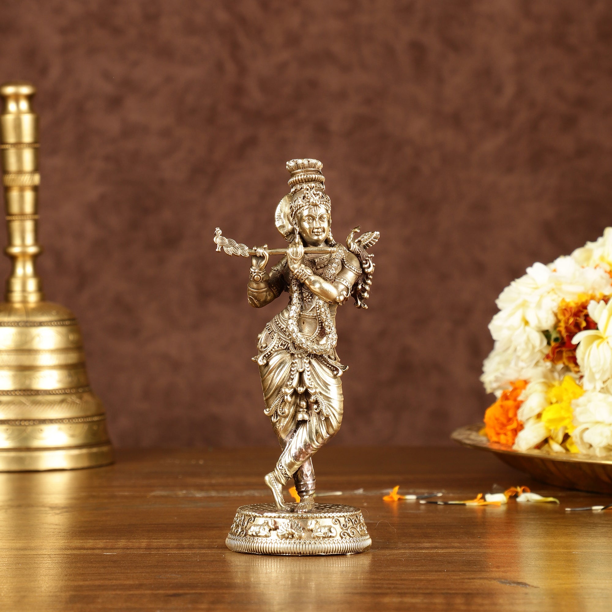 Brass Handcrafted Lord Krishna Idol with Fine Carvings | Height: 5.5 inch