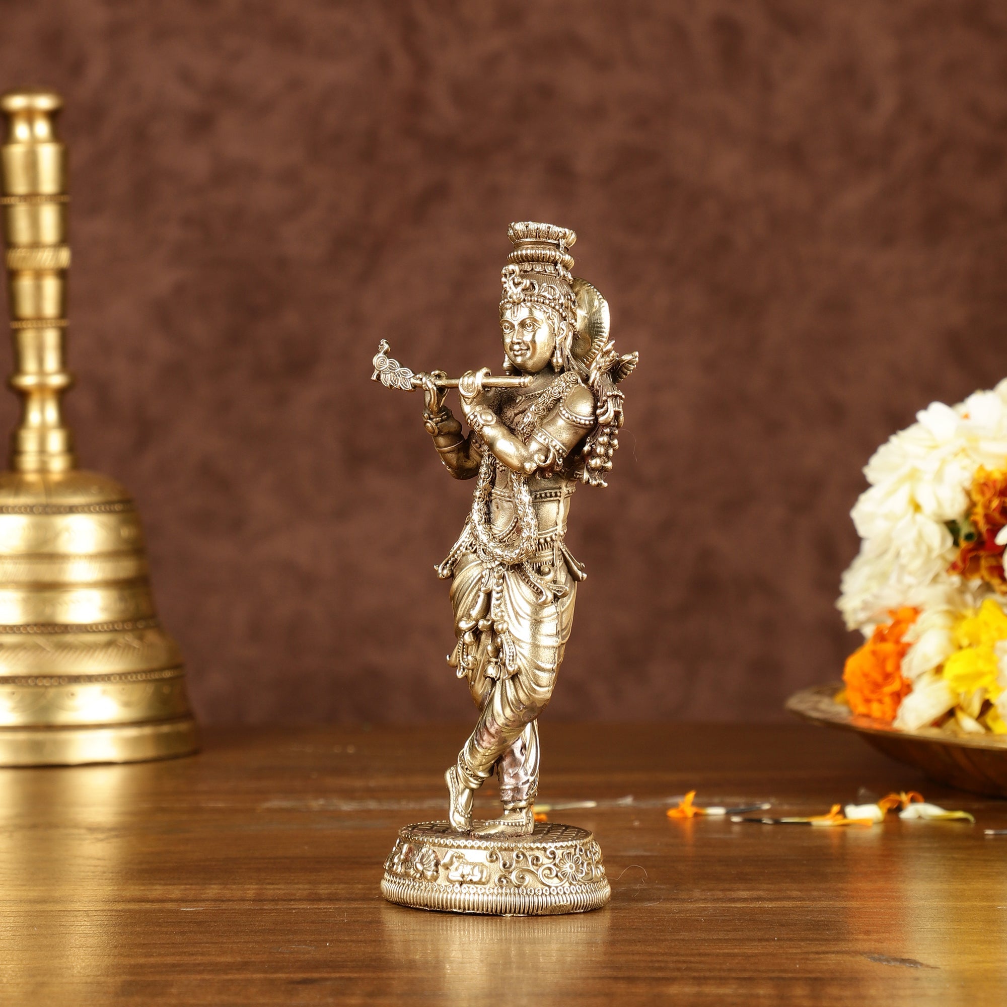 Brass Handcrafted Lord Krishna Idol with Fine Carvings | Height: 5.5 inch