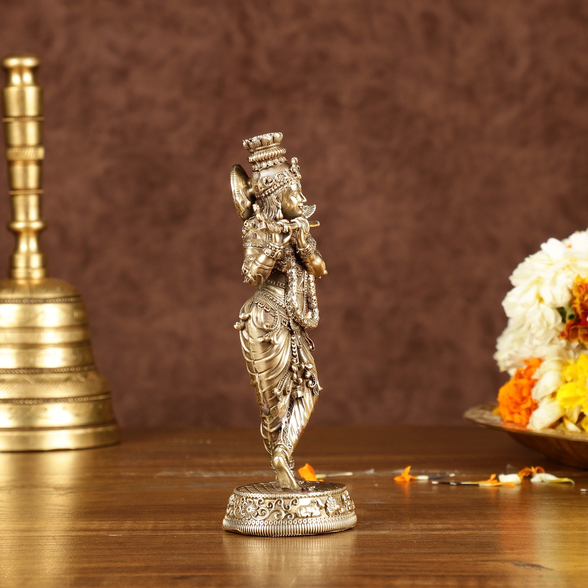 Brass Handcrafted Lord Krishna Idol with Fine Carvings | Height: 5.5 inch