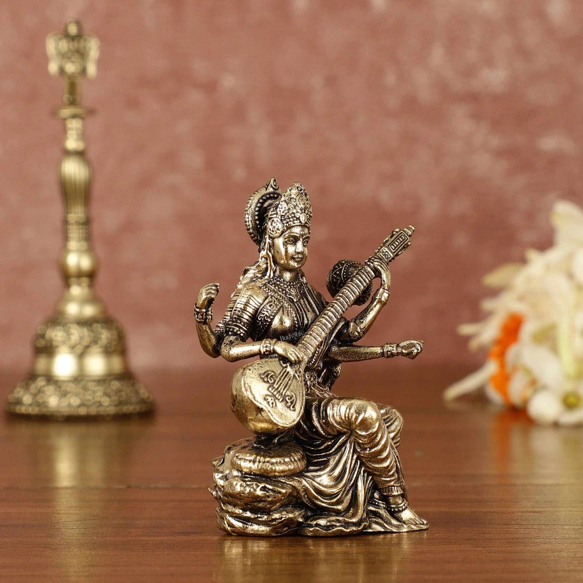 Brass Superfine Saraswati Miniature Idol - 3" Tall