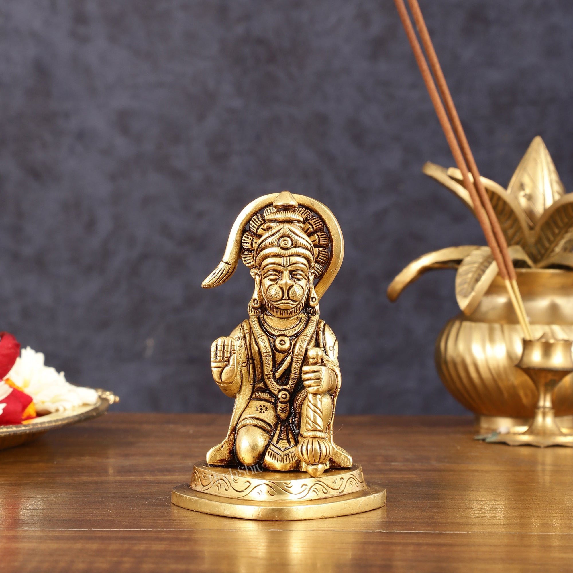 Brass Pure Brass Small Blessing Hanuman Hanuman Idol - 4" Height