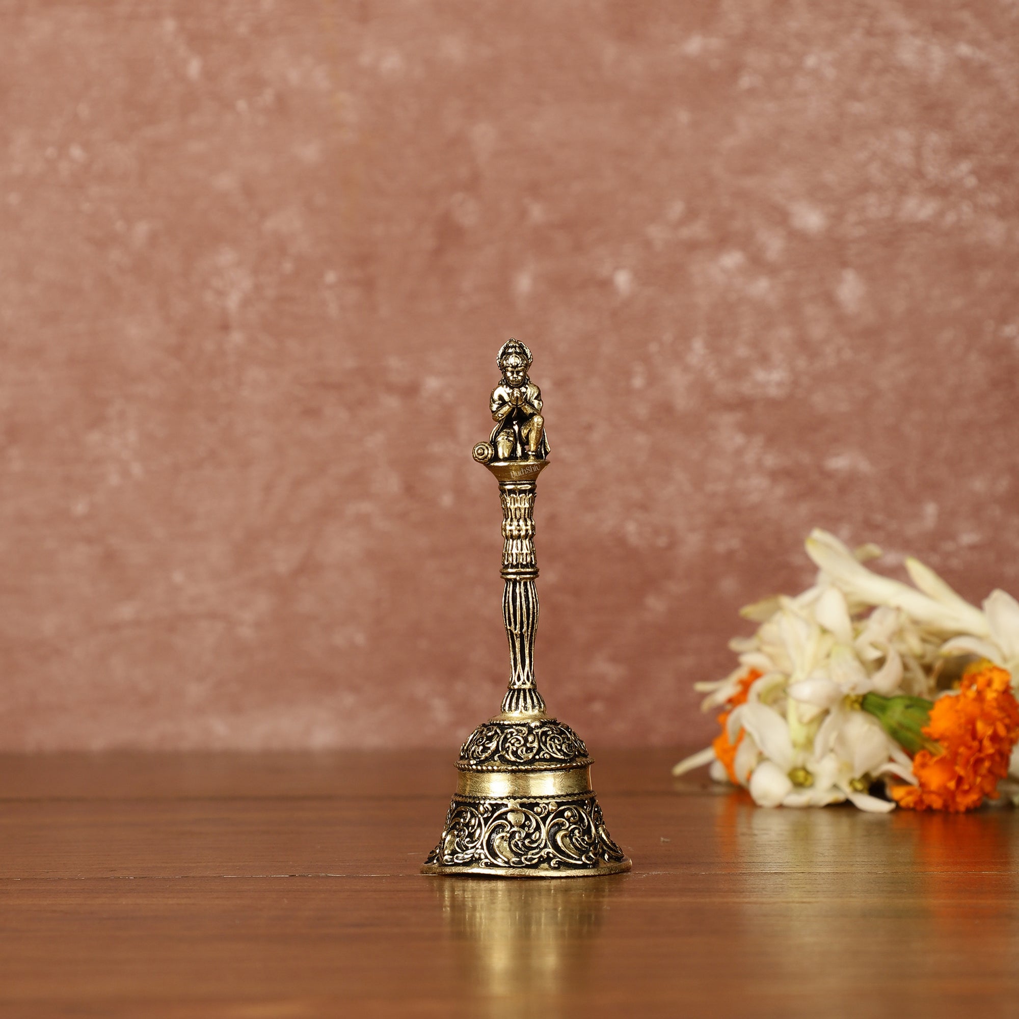 Brass Pure Brass Small Hanuman Ji Hand Bell for Home Temple - 4" Tall