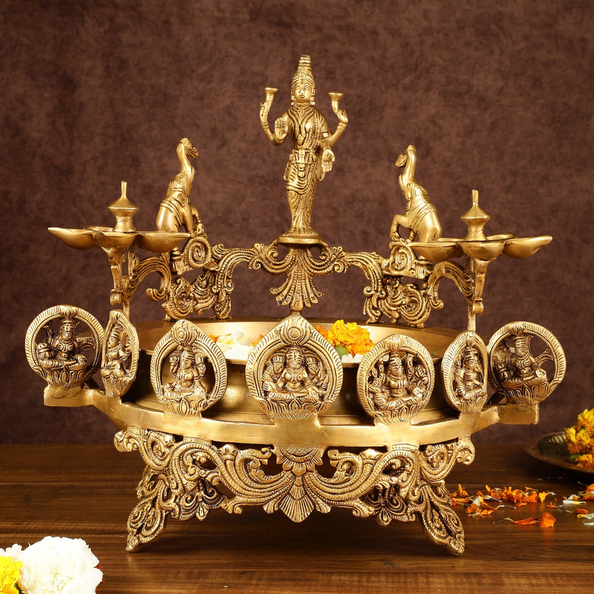 Handcrafted Ashtalakshmi Brass Urli with Diyas | Height: 16 Inch