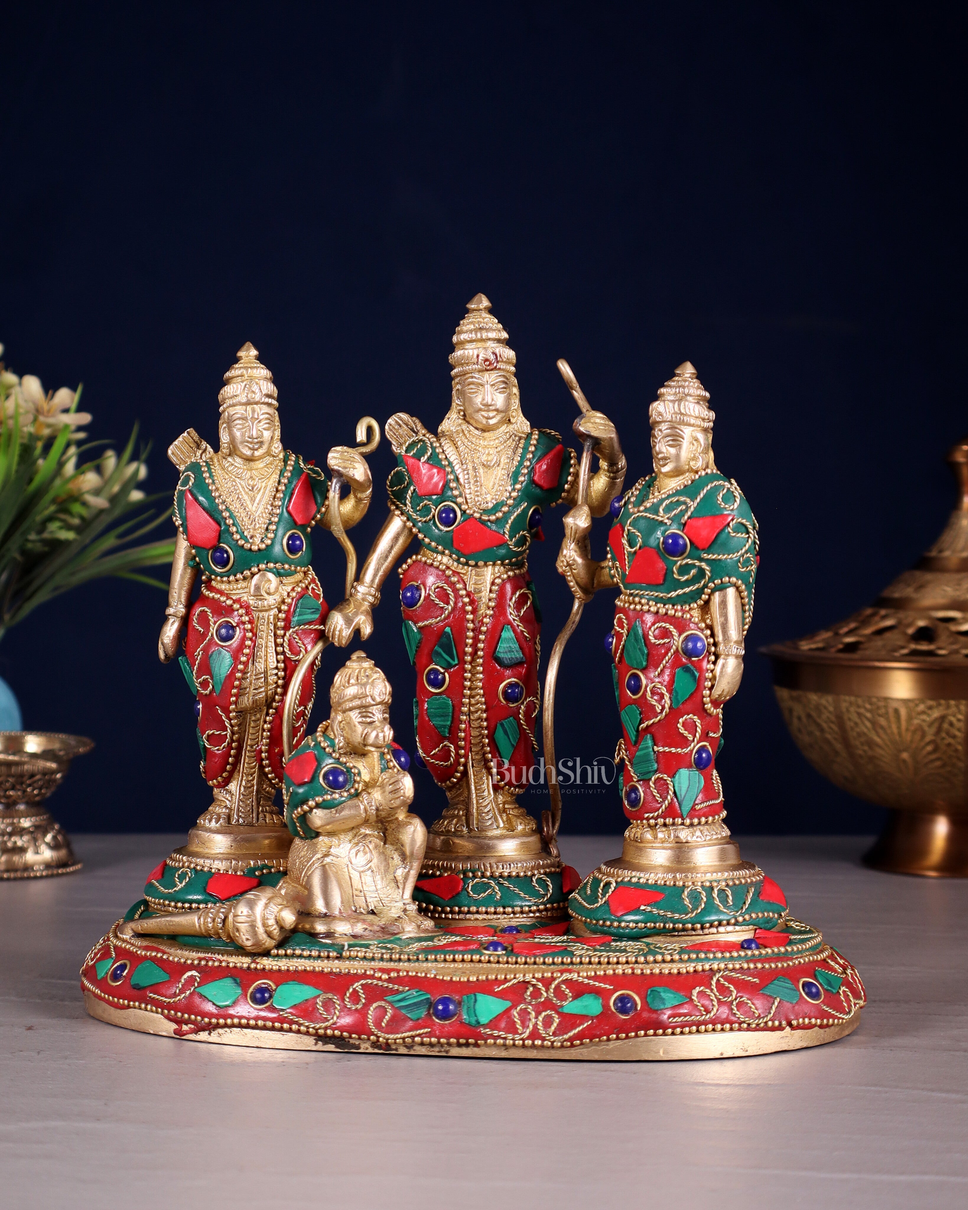 Pure Brass Ram Darbar Idol – Floral stonework, 7"