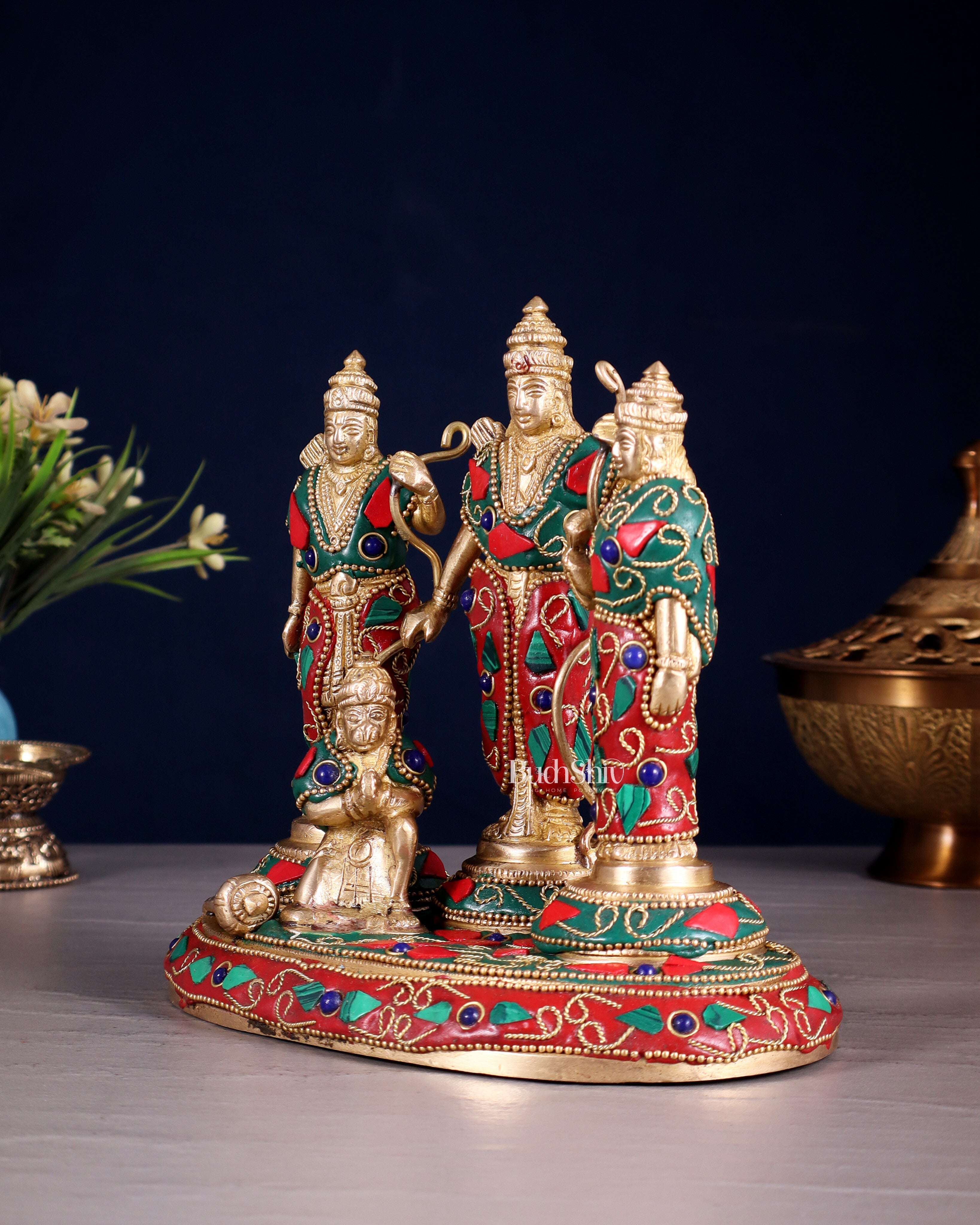 Pure Brass Ram Darbar Idol – Floral stonework, 7"