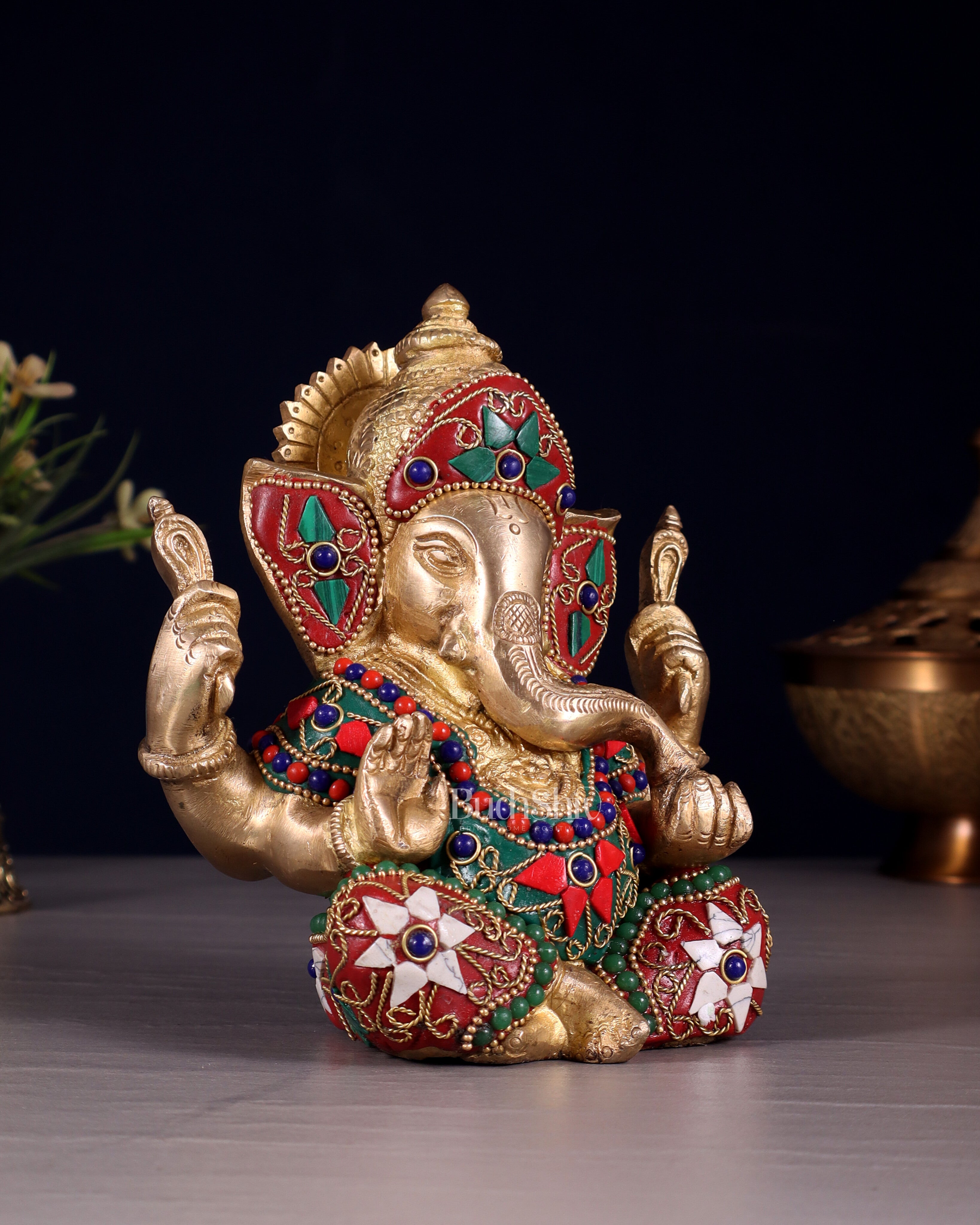 Taj Ganesha Brass Sculpture with floral stonework 6"