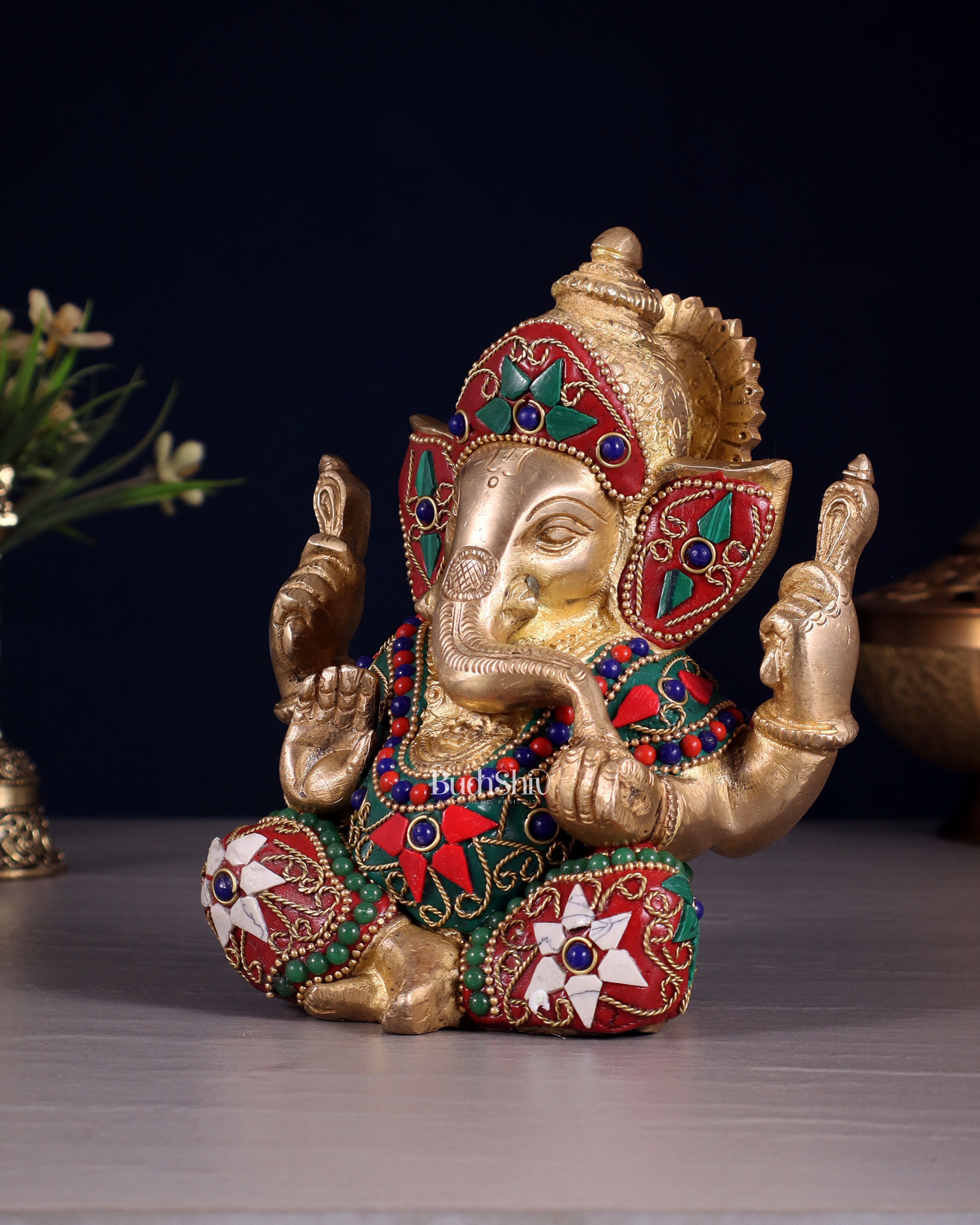 Taj Ganesha Brass Sculpture with floral stonework 6"
