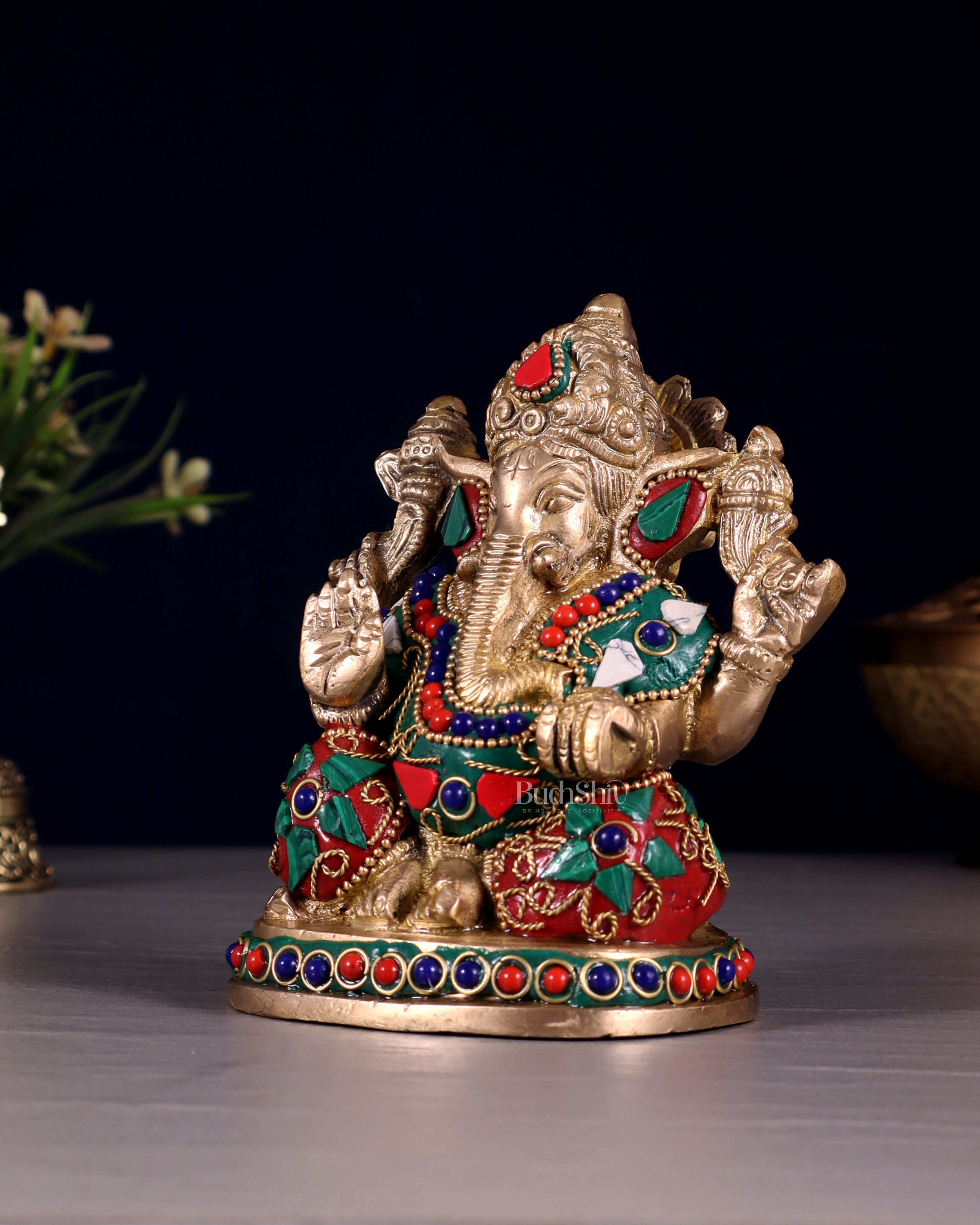Pure Brass Ganesha Statue with Floral Stonework 5"