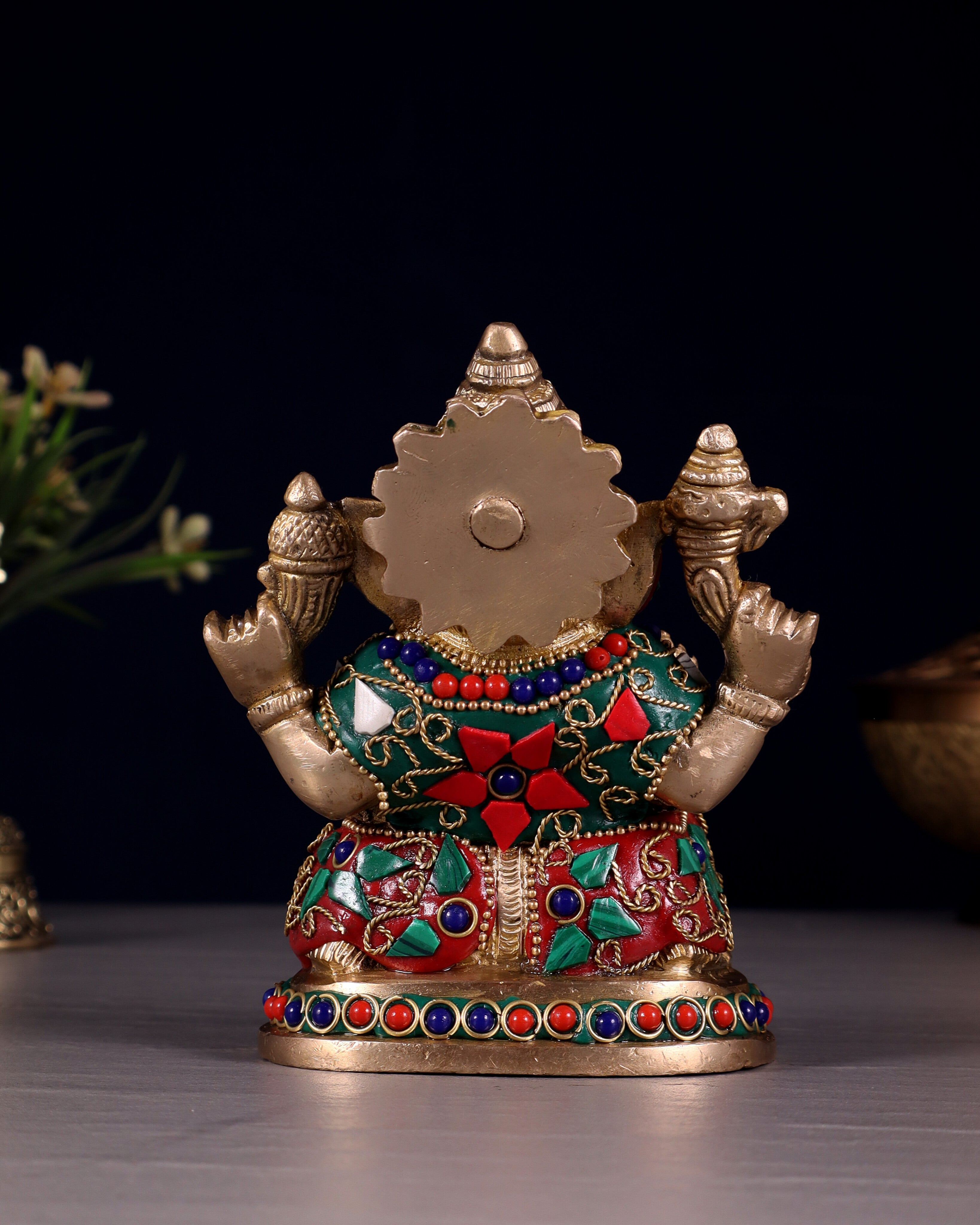 Pure Brass Ganesha Statue with Floral Stonework 5"