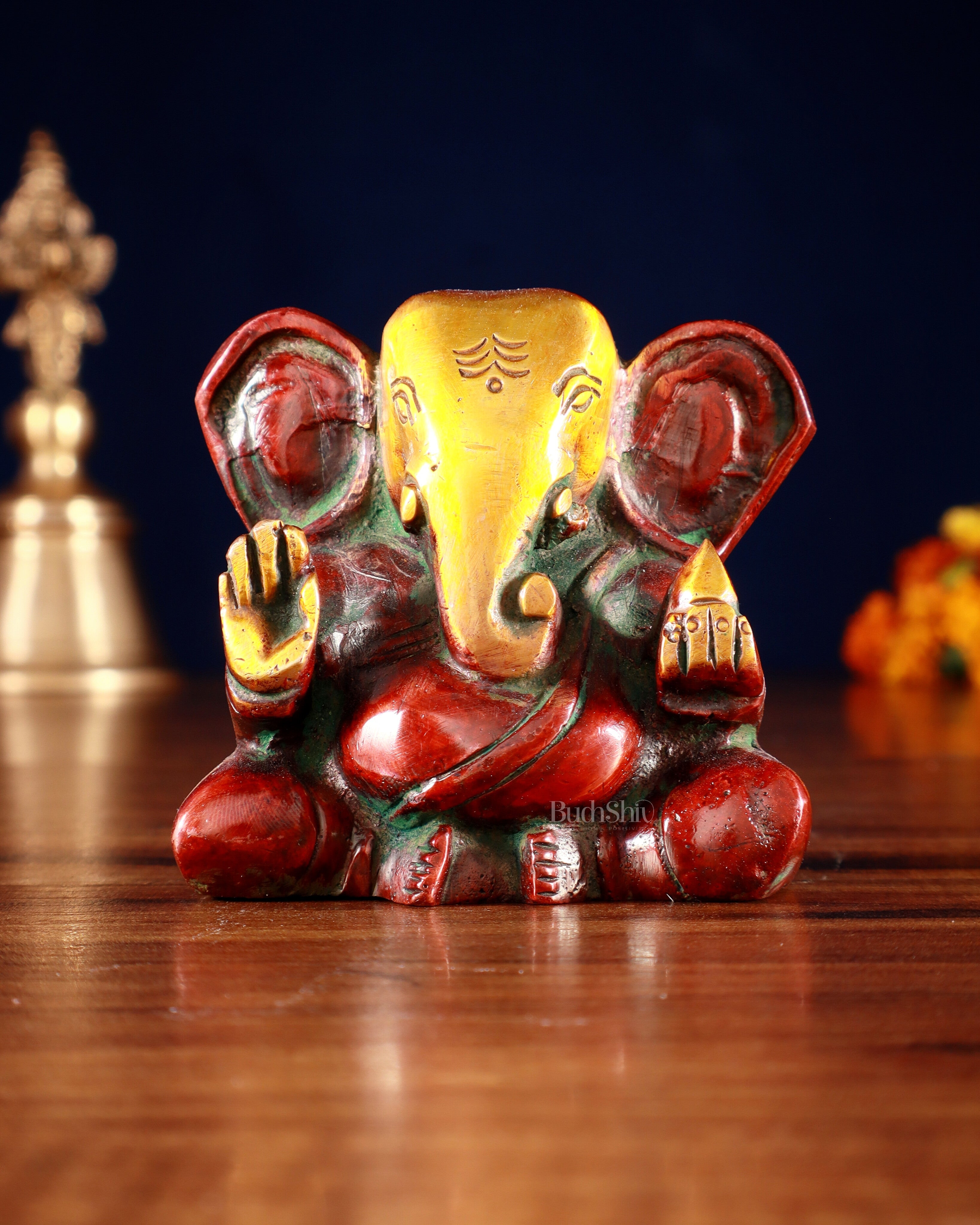 Brass Miniature Appu Ganesh Idol with Big Ears 3" red tone