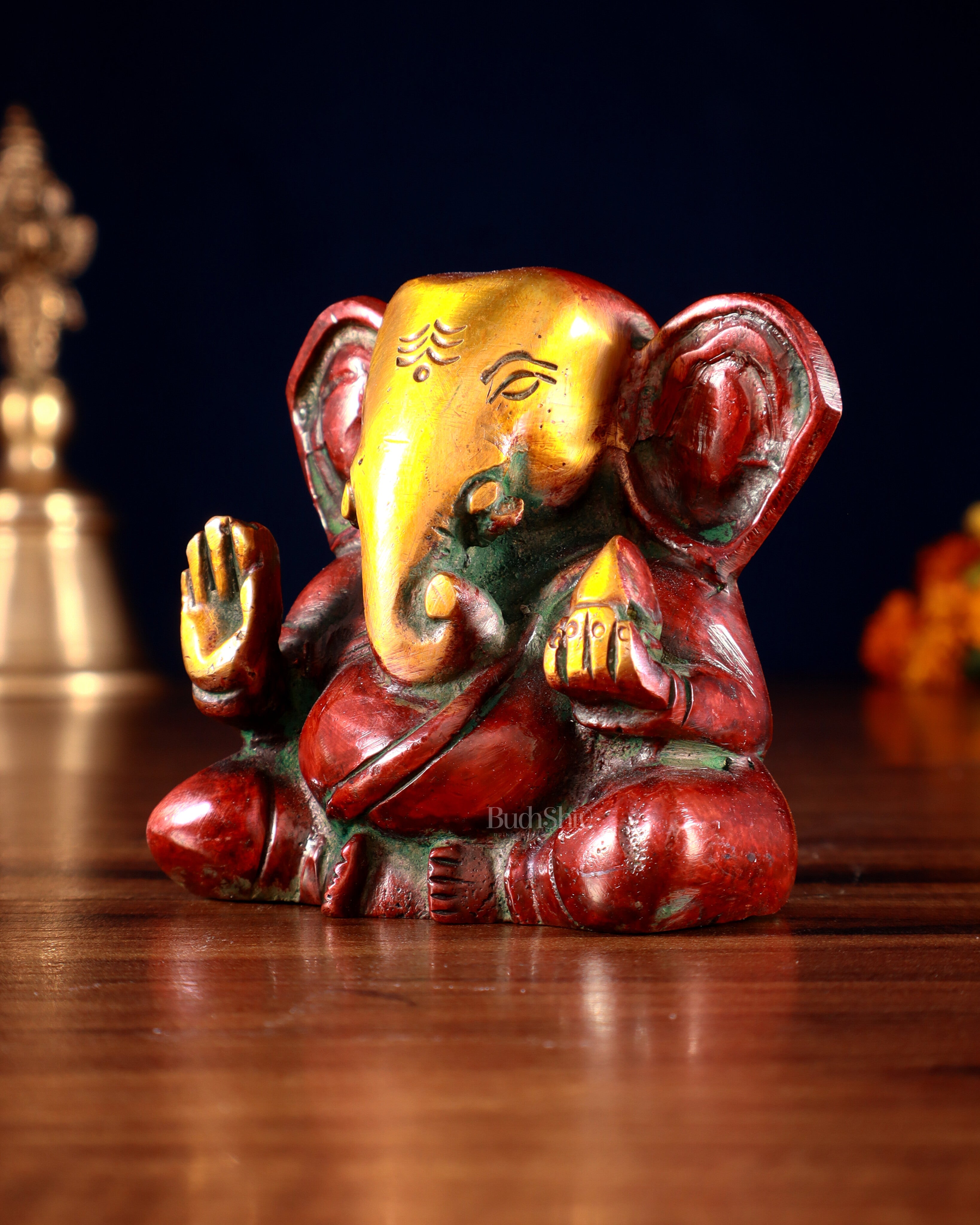 Brass Miniature Appu Ganesh Idol with Big Ears 3" red tone