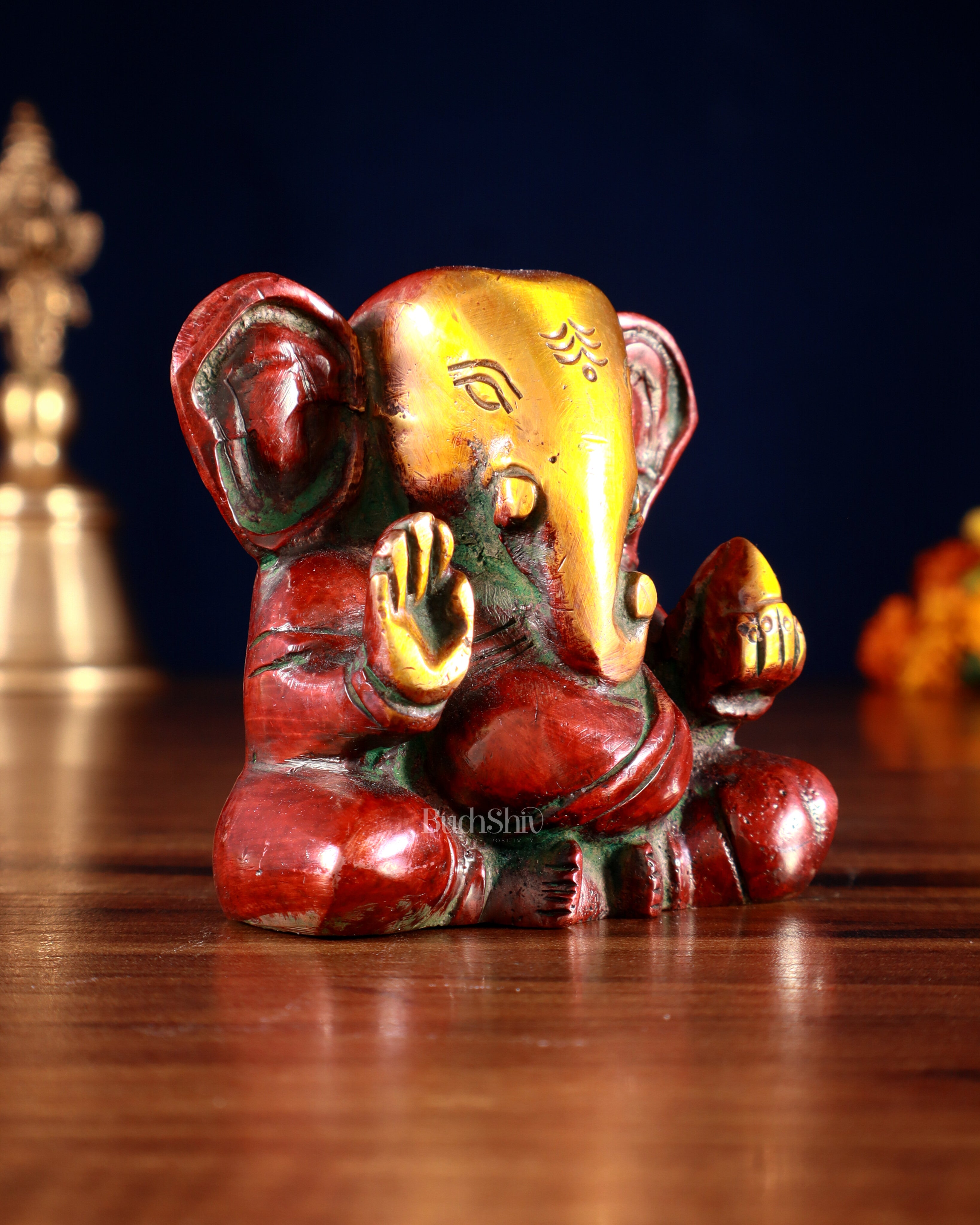 Brass Miniature Appu Ganesh Idol with Big Ears 3" red tone
