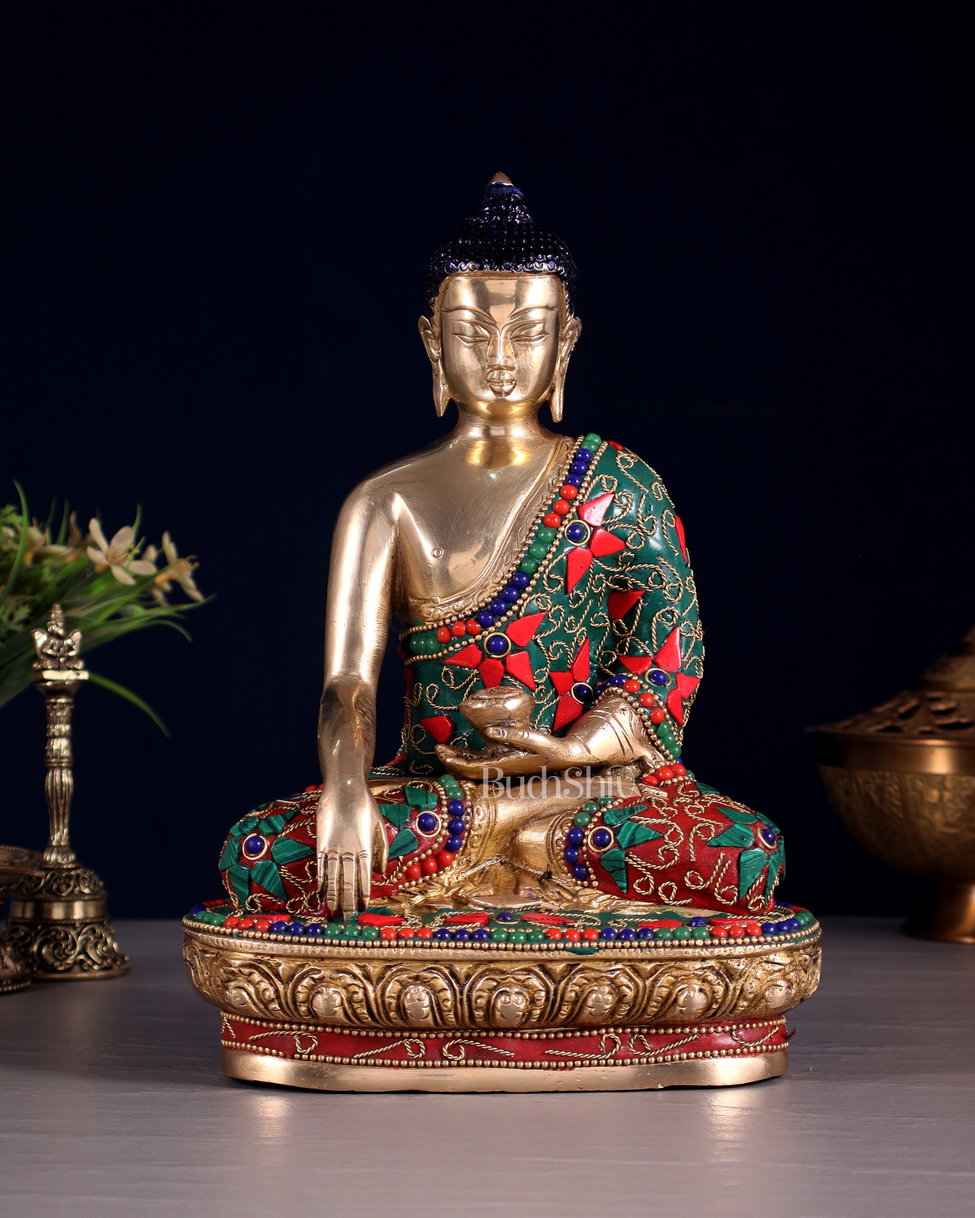 Pure Brass Buddha Statue with Floral Stonework 9"
