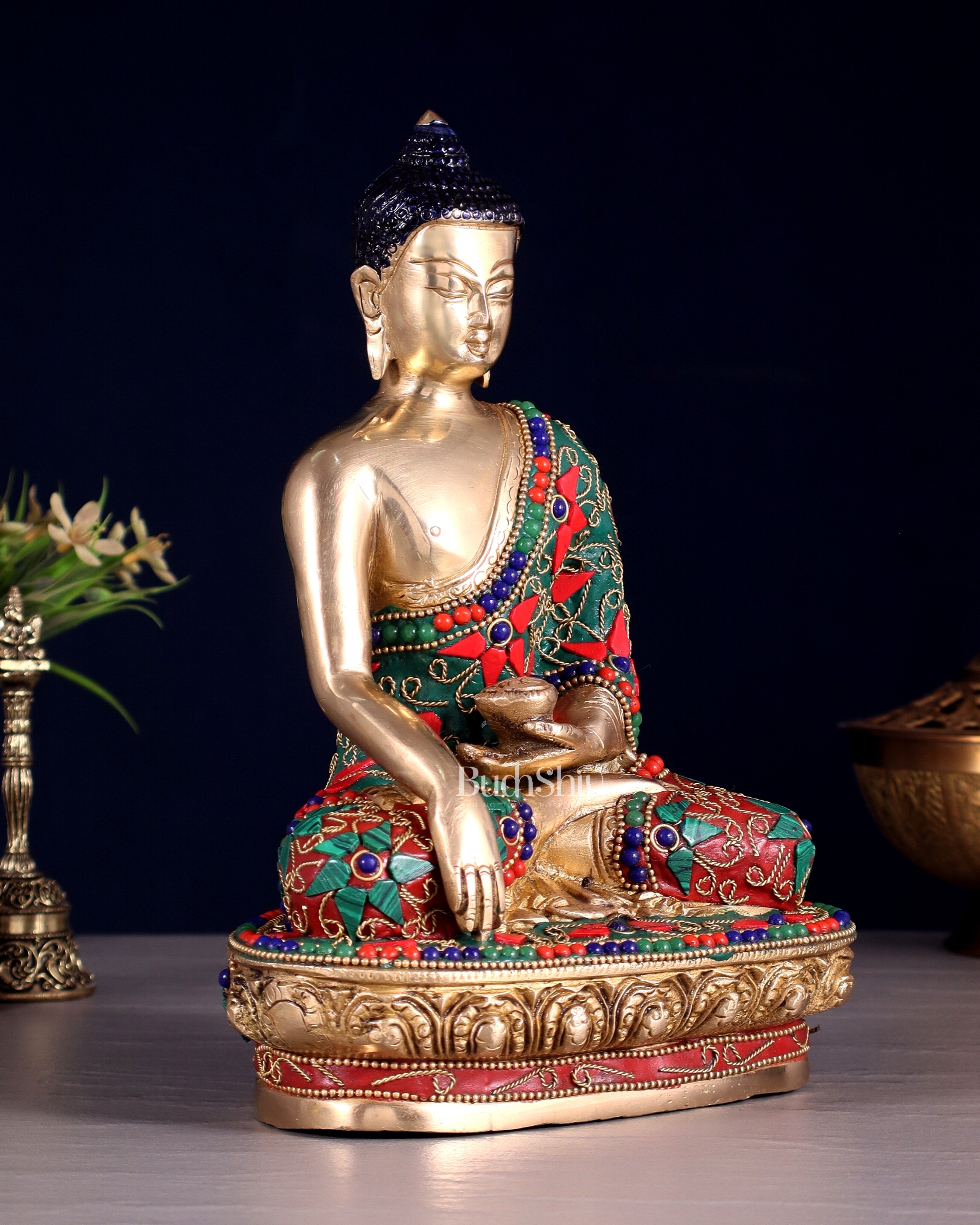 Pure Brass Buddha Statue with Floral Stonework 9"