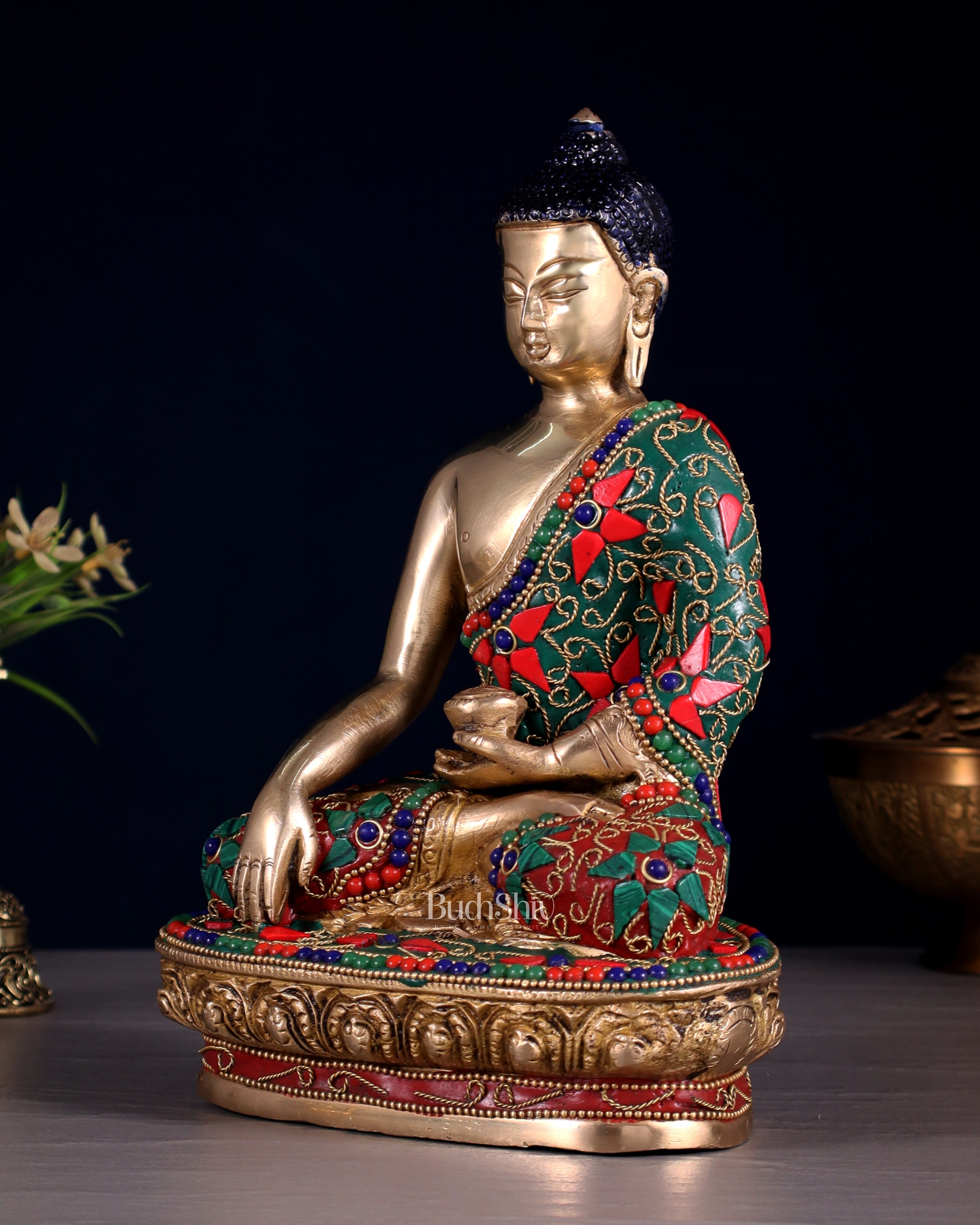 Pure Brass Buddha Statue with Floral Stonework 9"