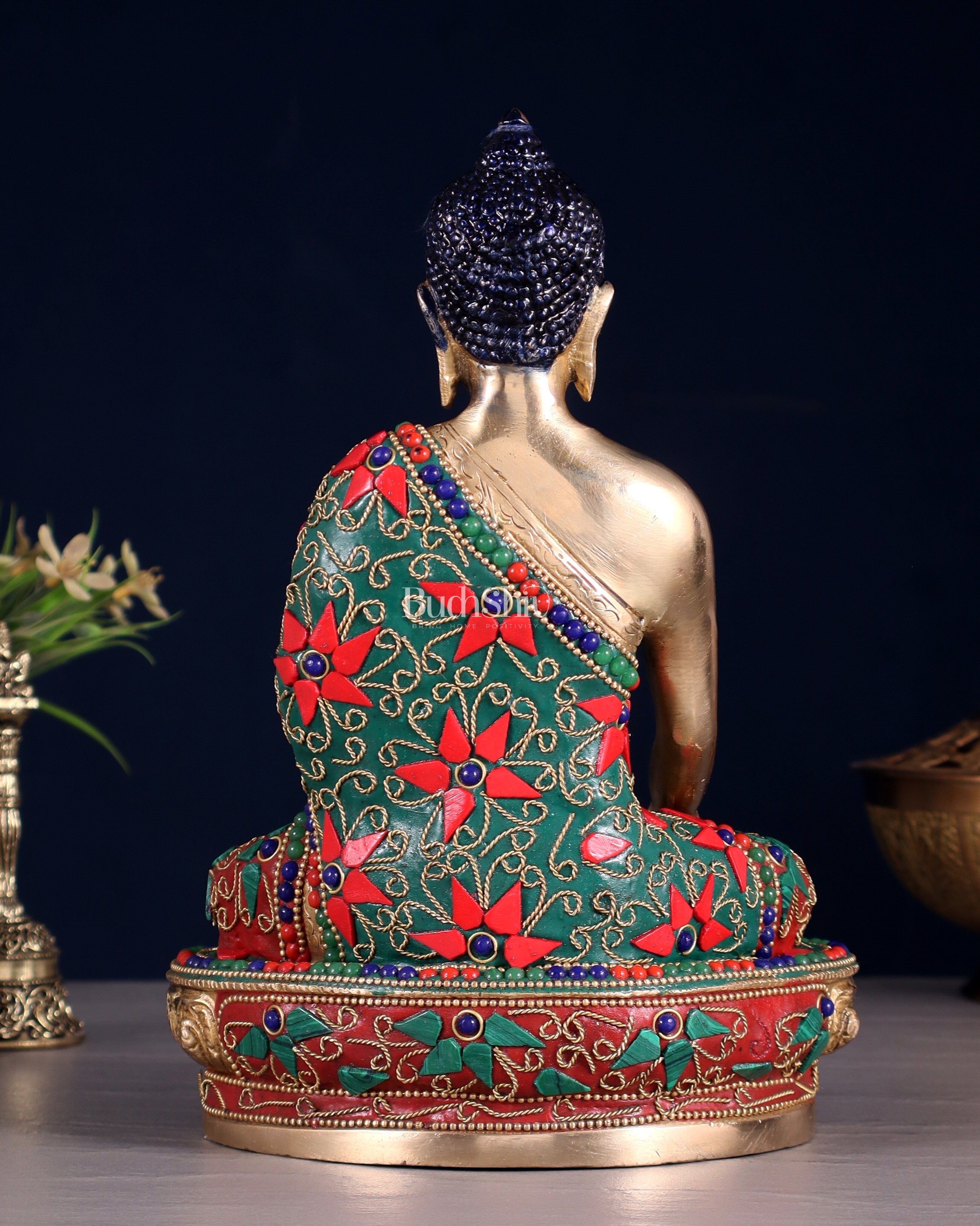 Pure Brass Buddha Statue with Floral Stonework 9"