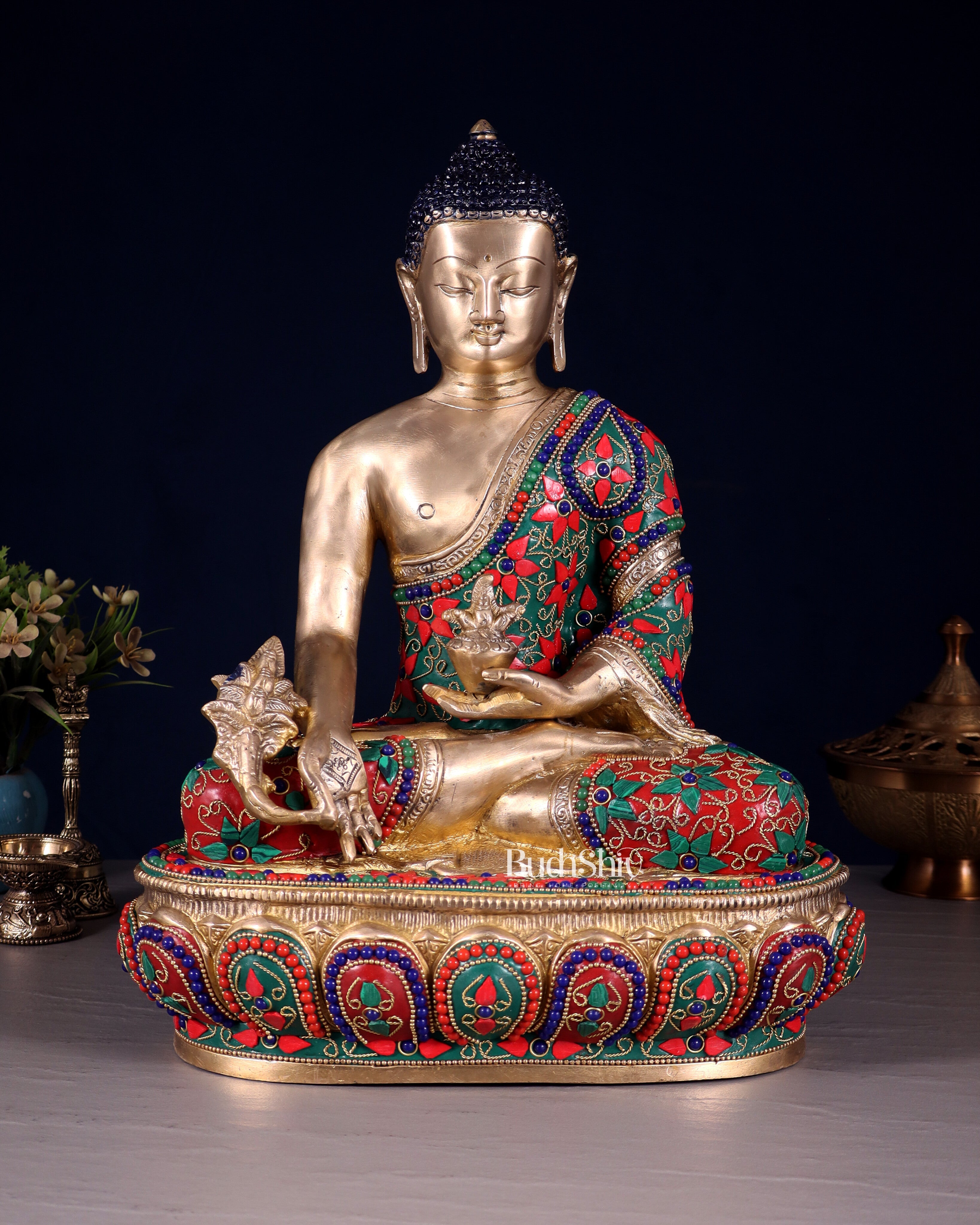 Pure Brass Buddha medicine Floral Stonework Statue - 13.5"