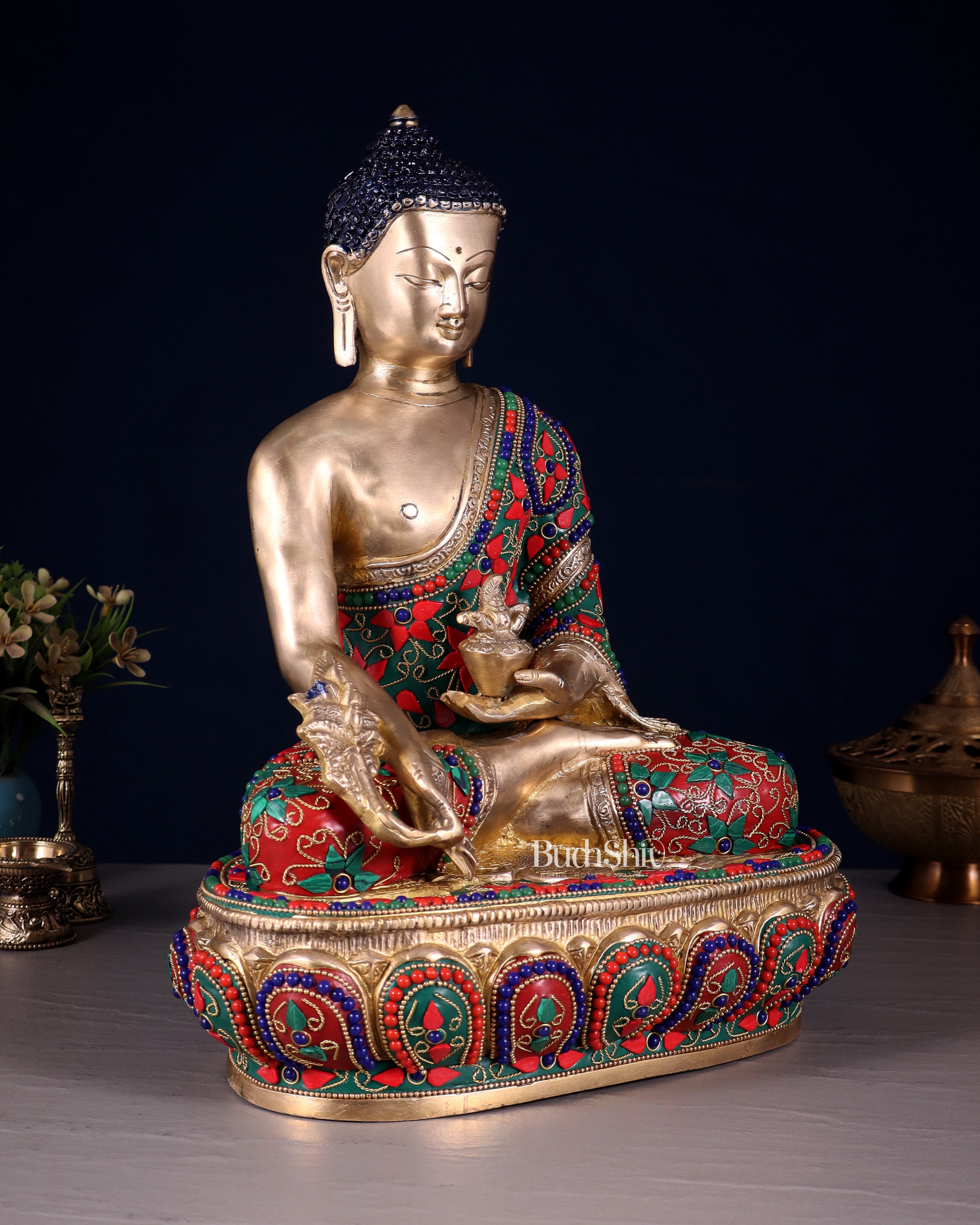 Pure Brass Buddha medicine Floral Stonework Statue - 13.5"