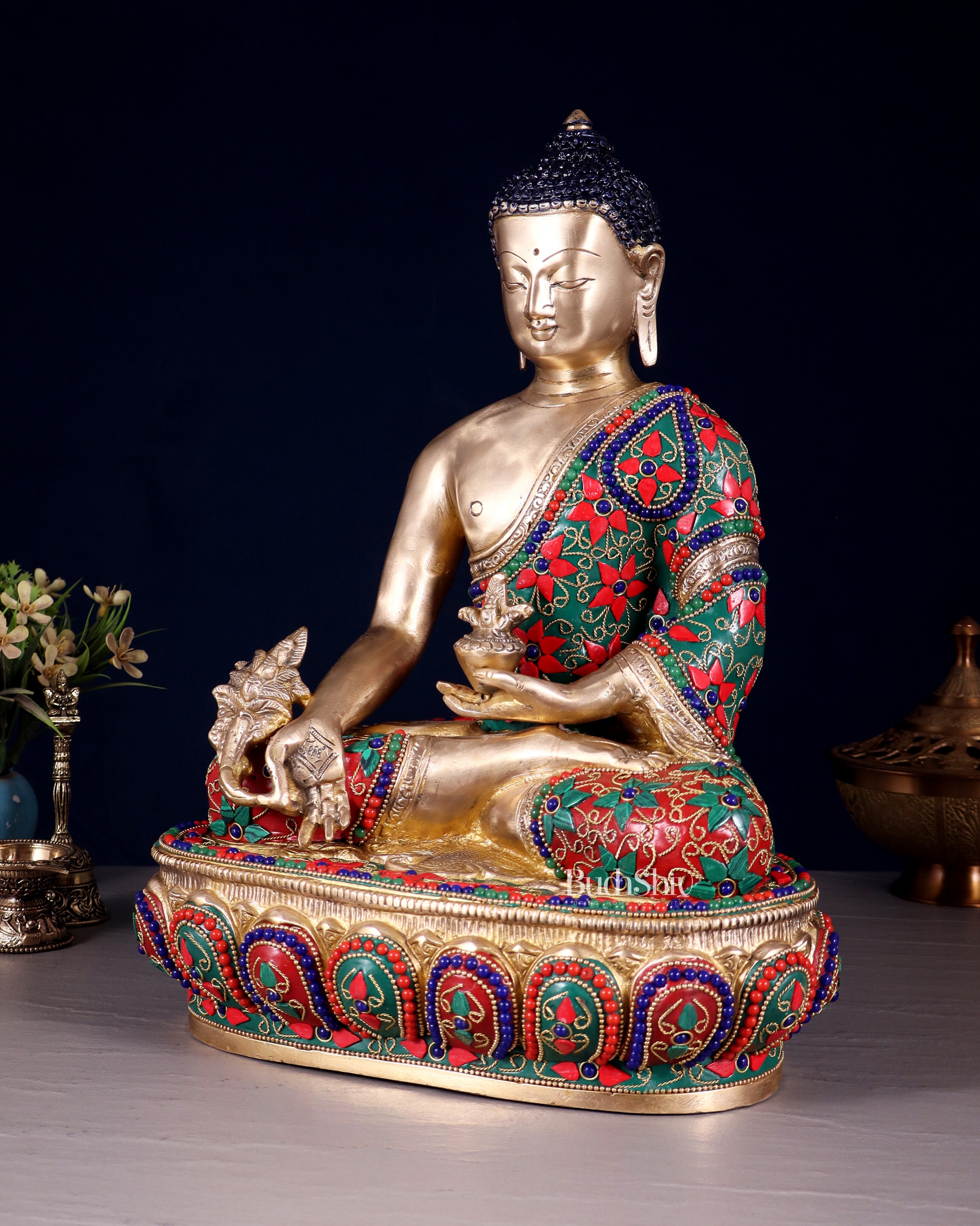 Pure Brass Buddha medicine Floral Stonework Statue - 13.5"