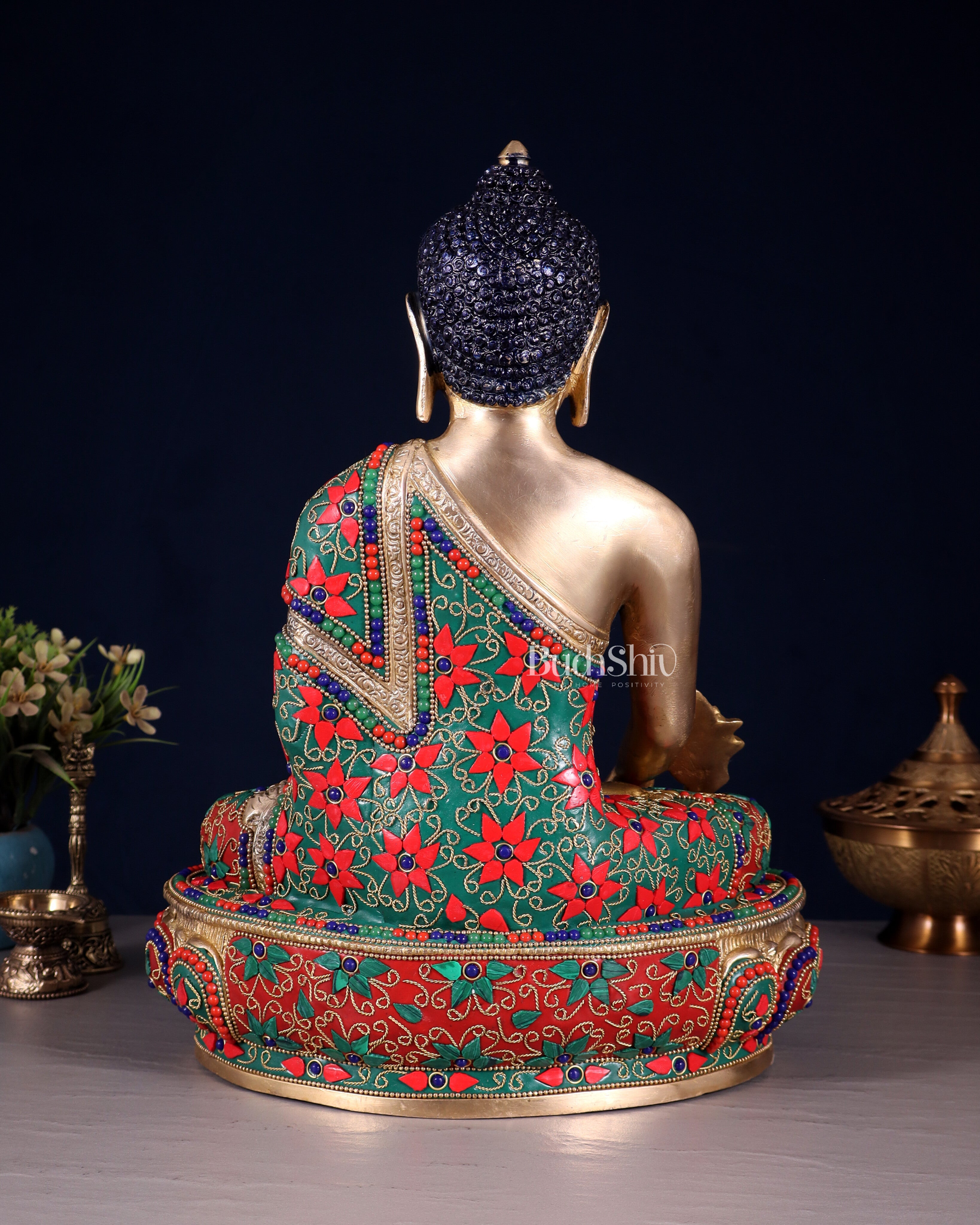 Pure Brass Buddha medicine Floral Stonework Statue - 13.5"