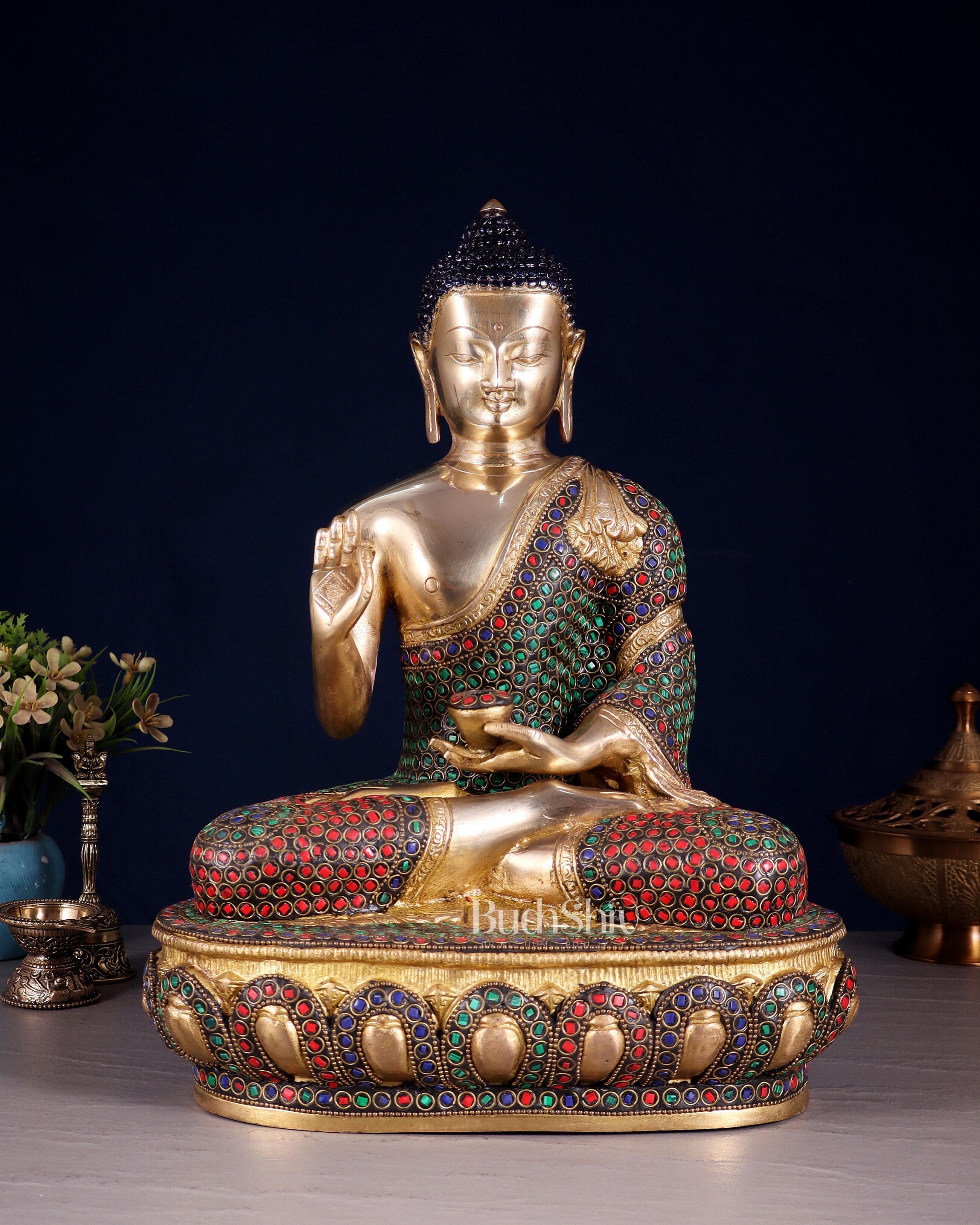 Pure Brass Buddha idol rings stonework - 13.5"