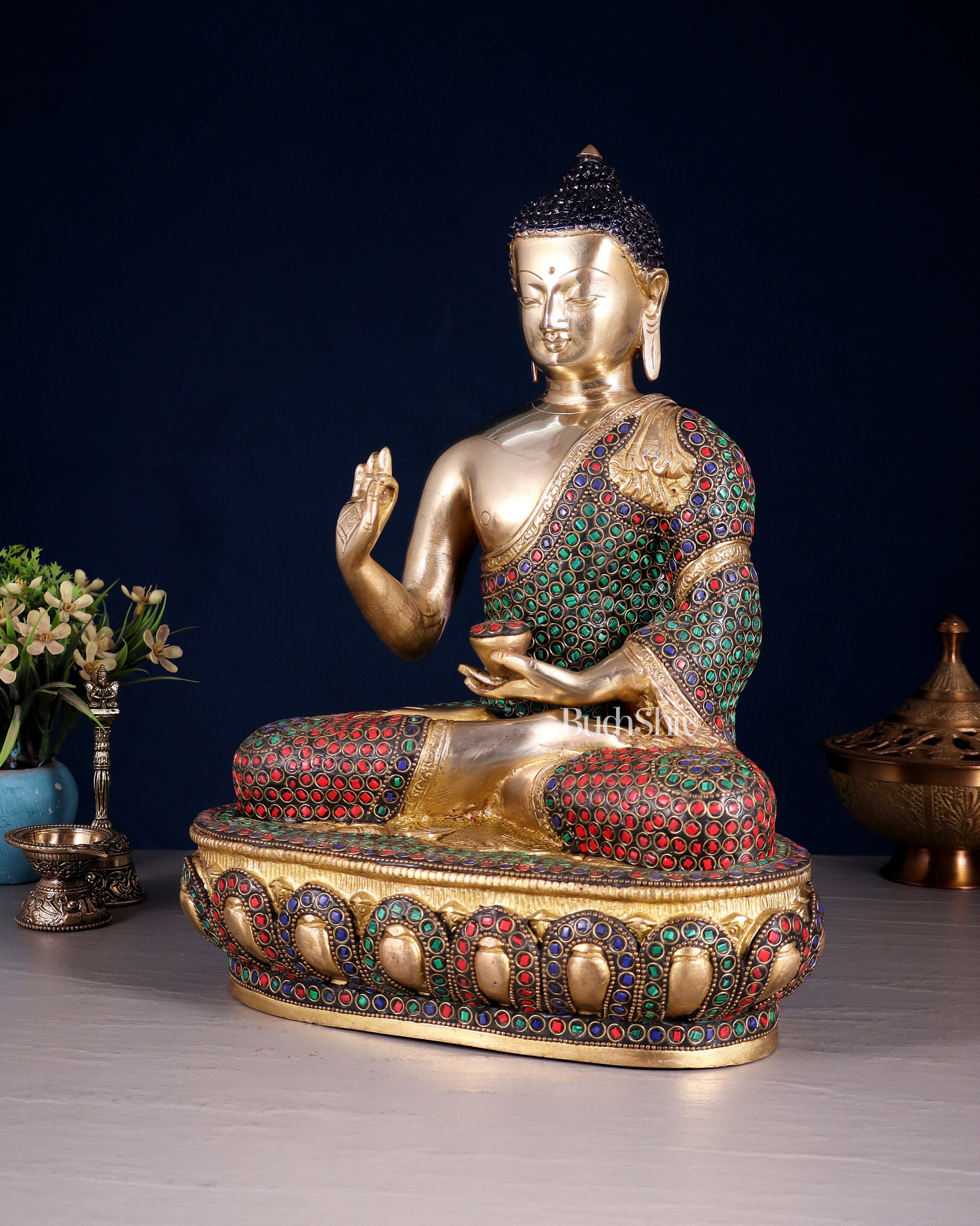 Pure Brass Buddha idol rings stonework - 13.5"