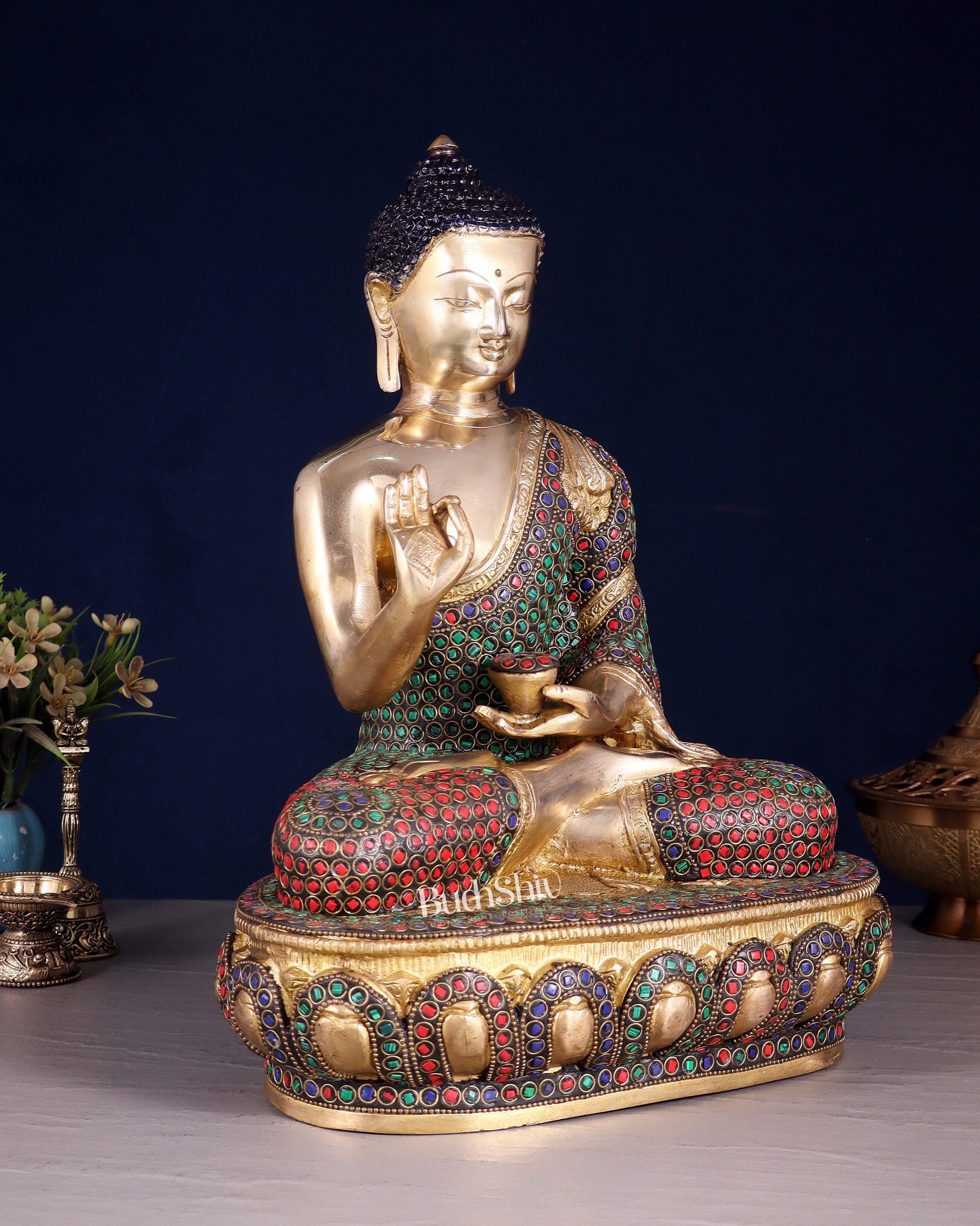 Pure Brass Buddha idol rings stonework - 13.5"