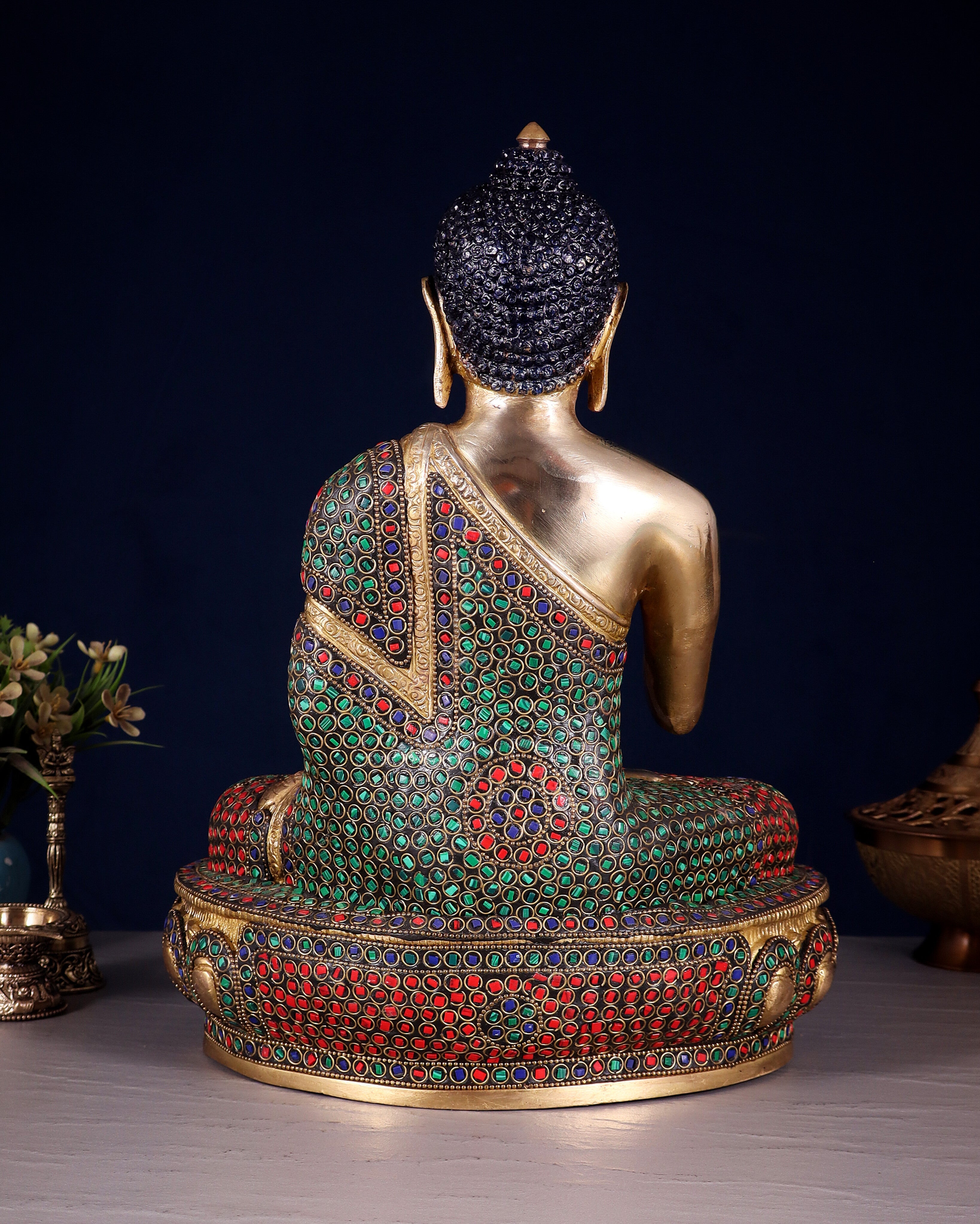 Pure Brass Buddha idol rings stonework - 13.5"