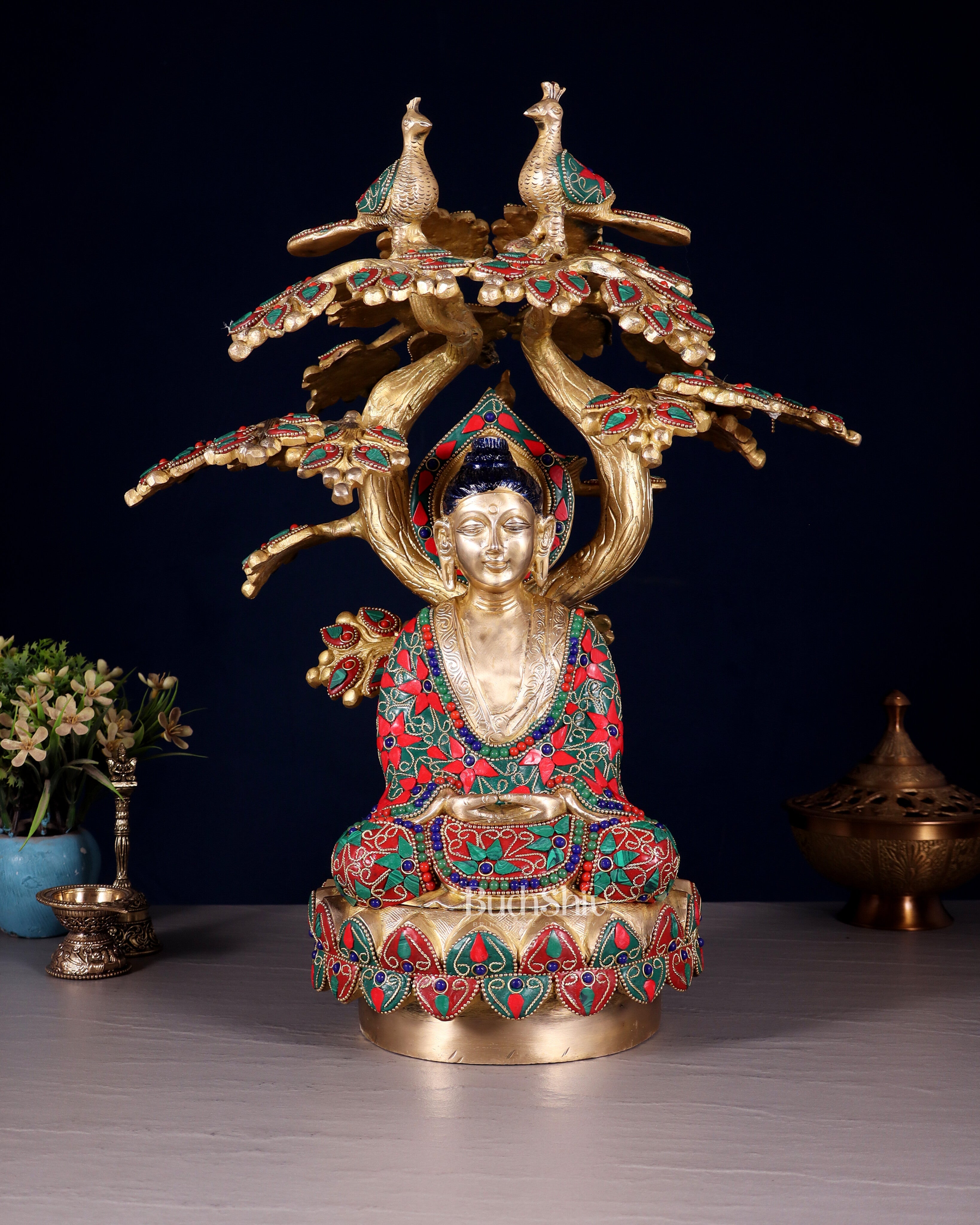 Exquisite Brass Buddha Under Tree Statue - 16.5" Floral stonework