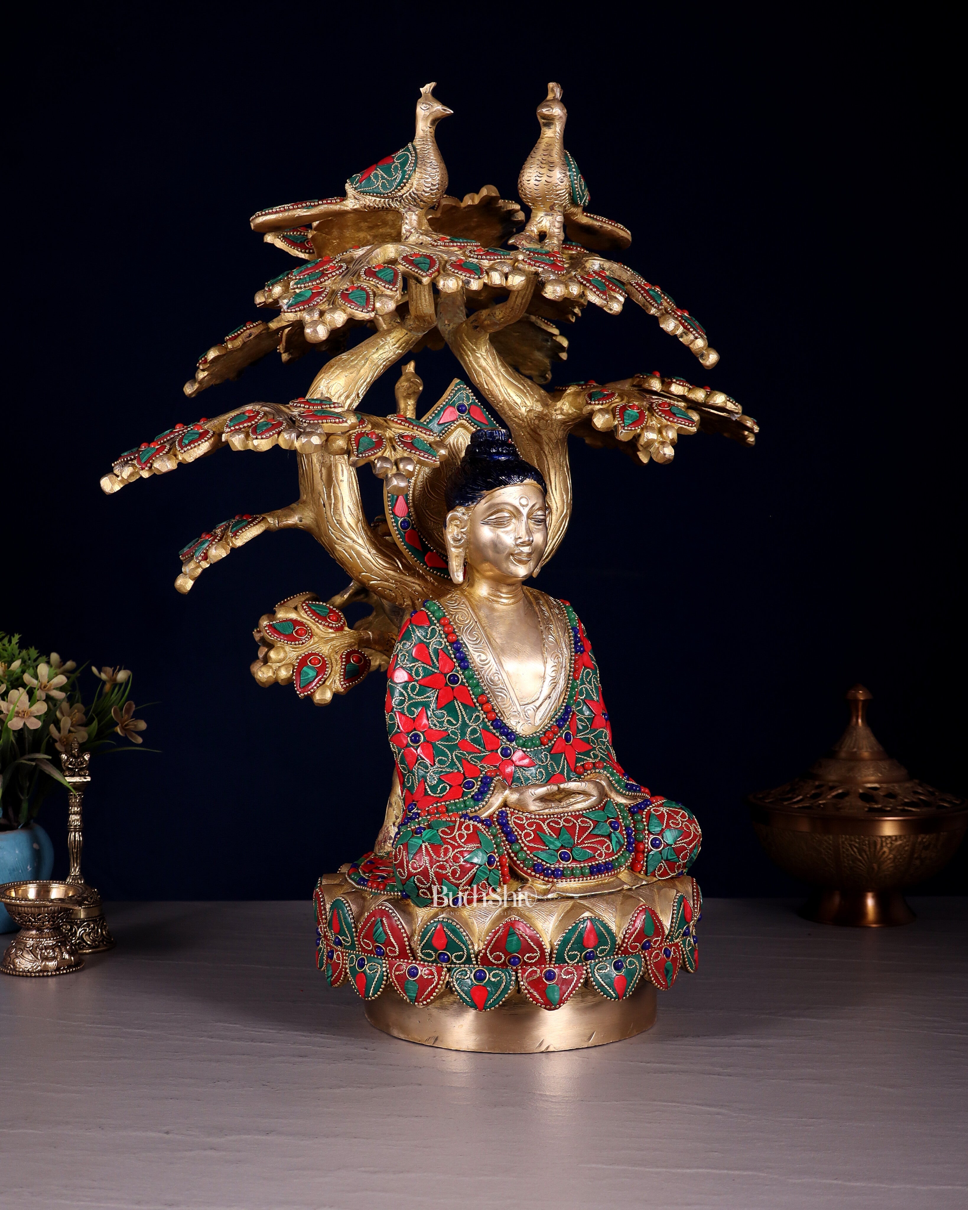 Exquisite Brass Buddha Under Tree Statue - 16.5" Floral stonework