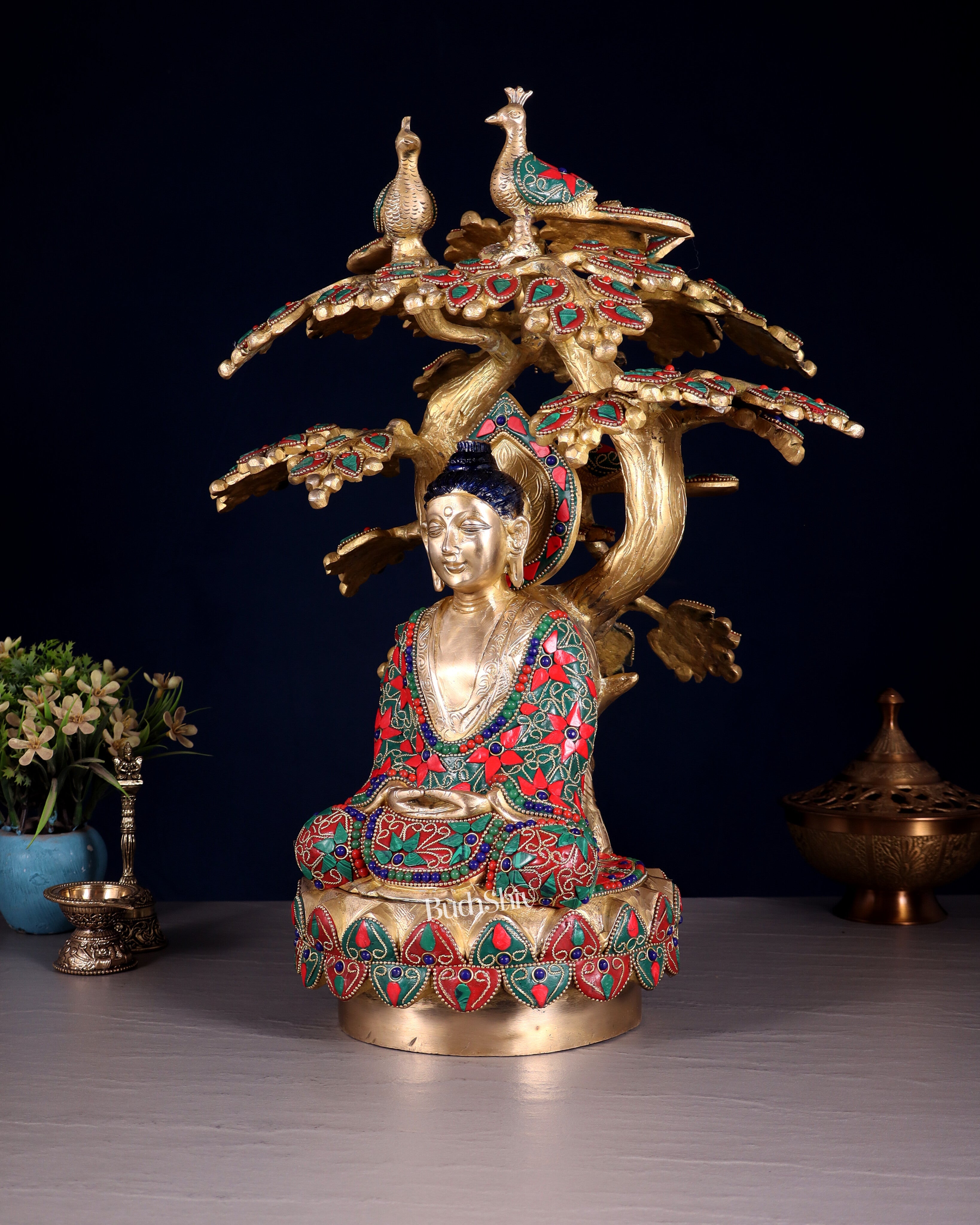 Exquisite Brass Buddha Under Tree Statue - 16.5" Floral stonework
