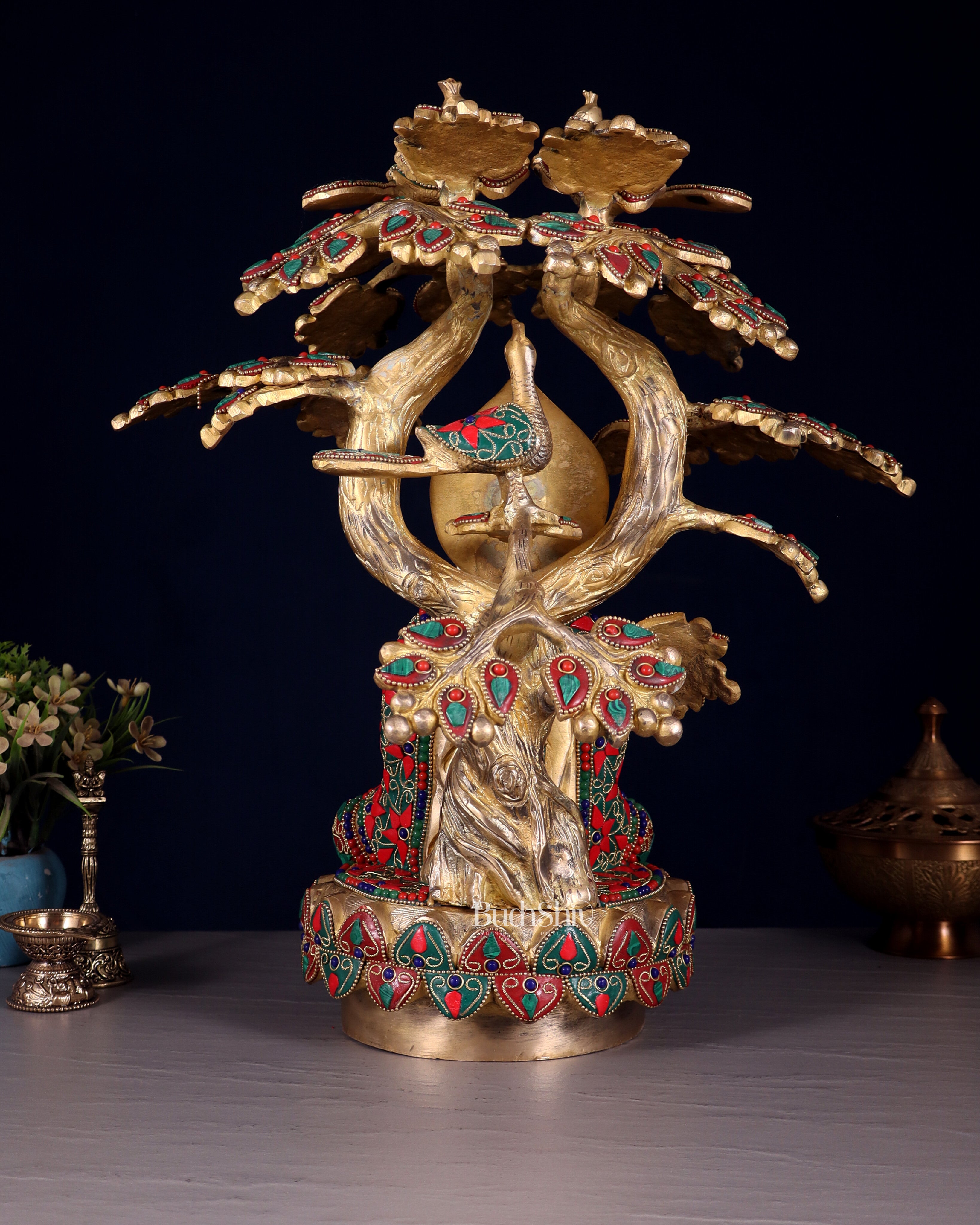 Exquisite Brass Buddha Under Tree Statue - 16.5" Floral stonework