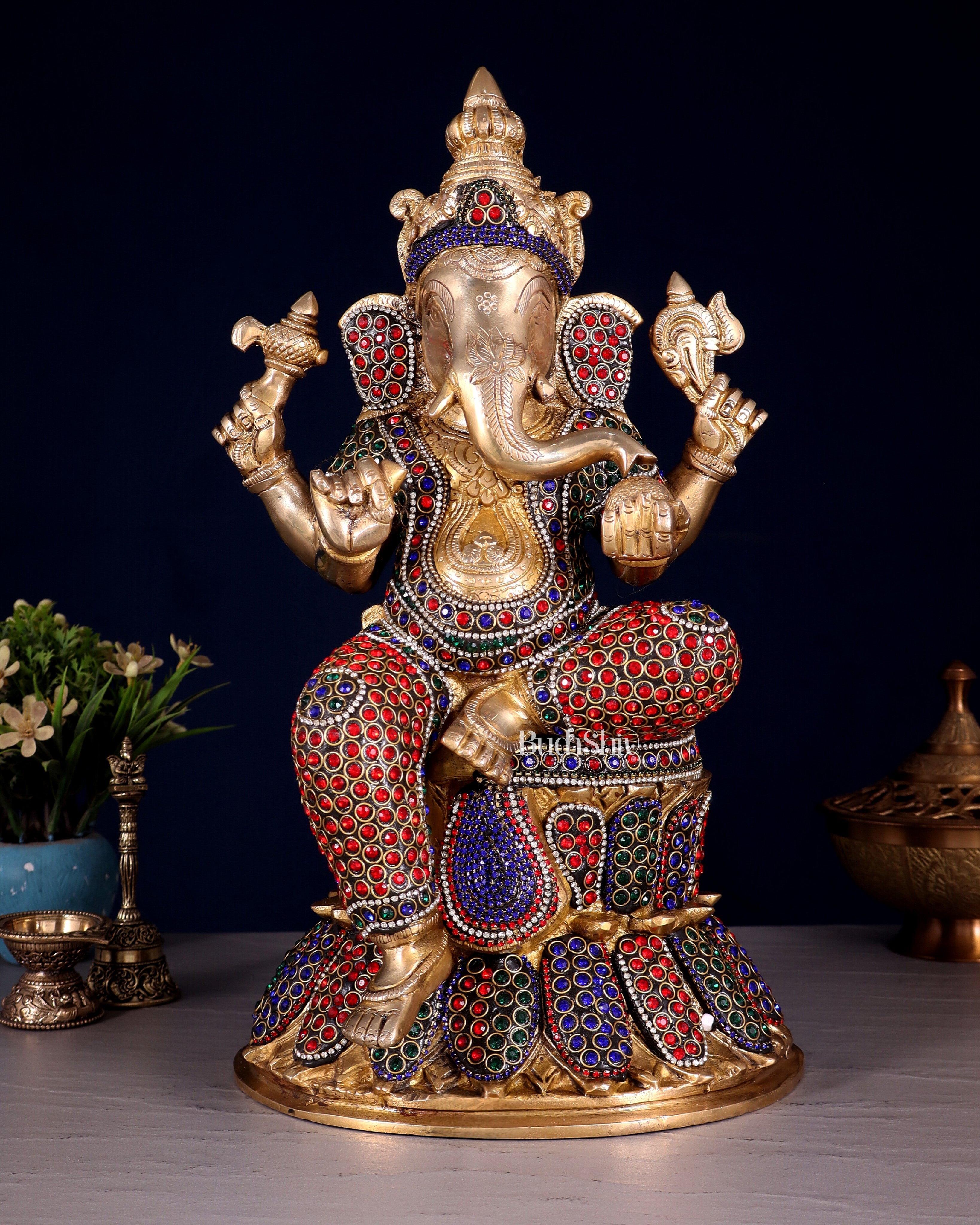 Handcrafted Brass Lord Ganesha Statue - 15" with jewellers meenakari