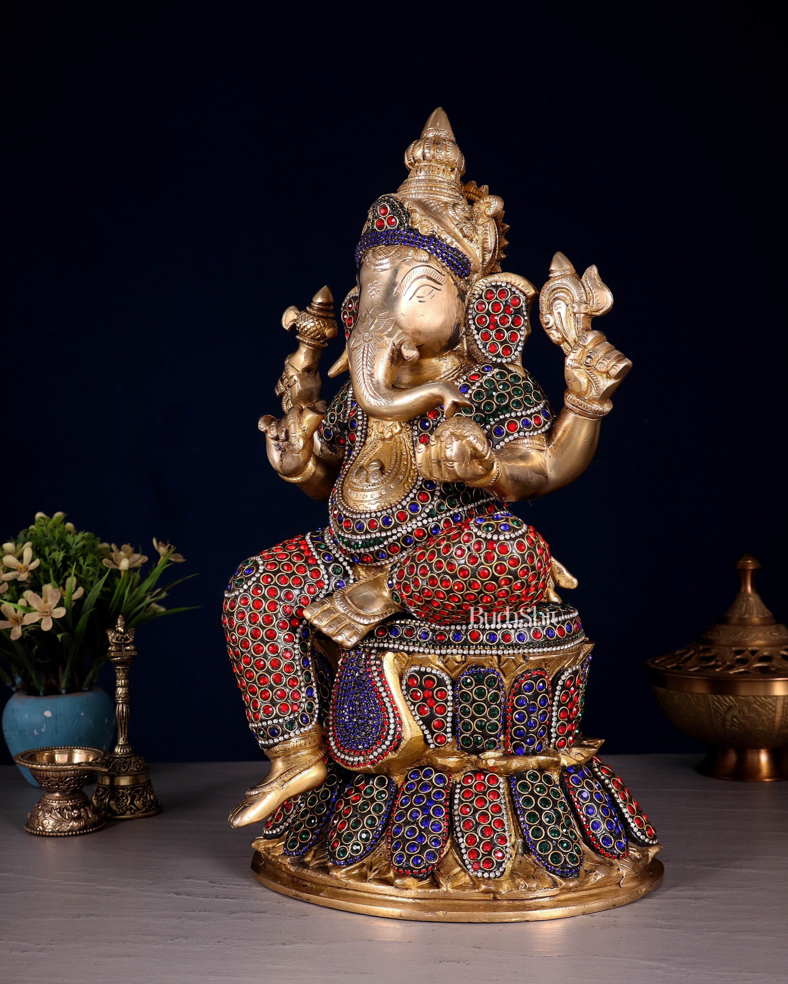 Handcrafted Brass Lord Ganesha Statue - 15" with jewellers meenakari