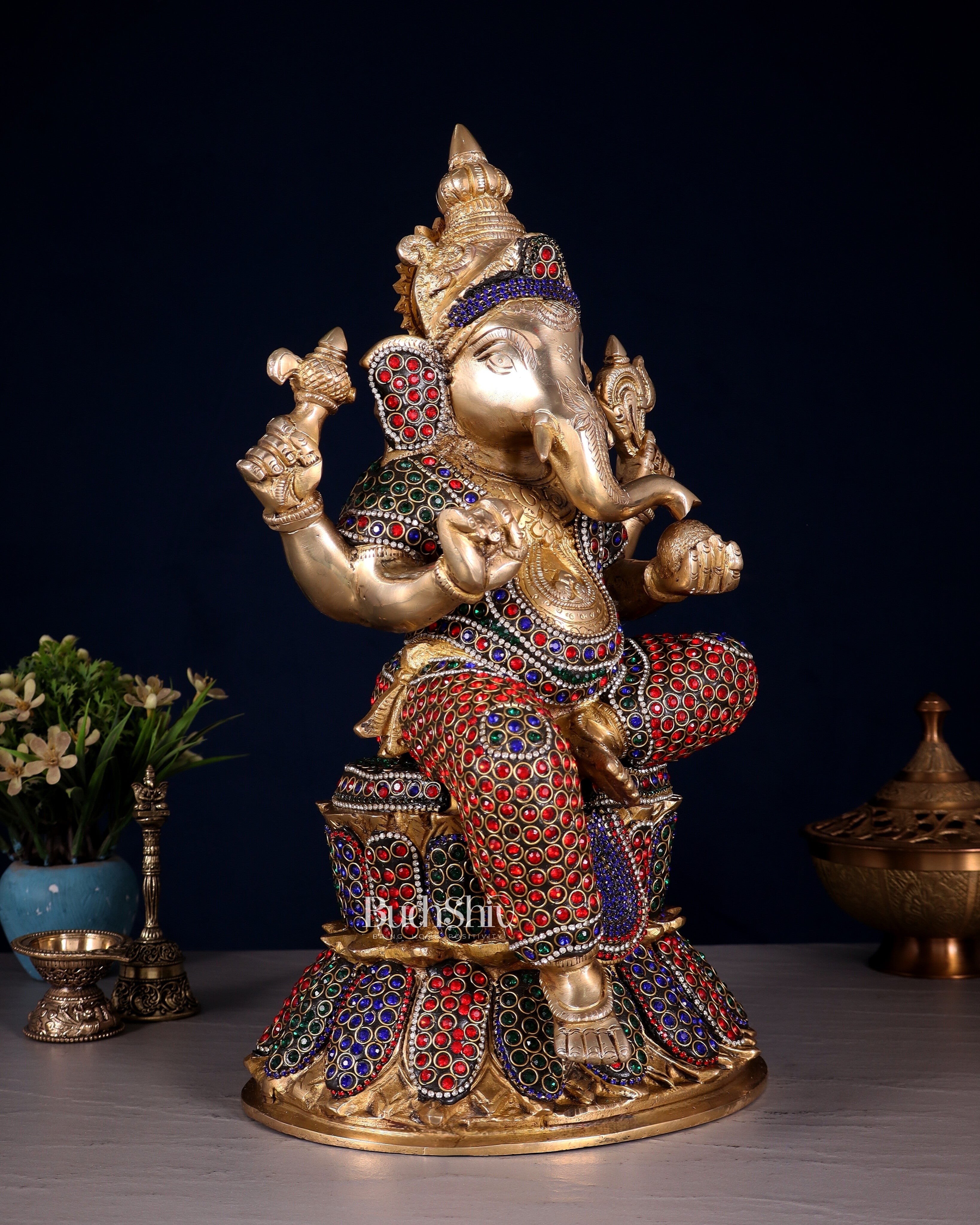 Handcrafted Brass Lord Ganesha Statue - 15" with jewellers meenakari