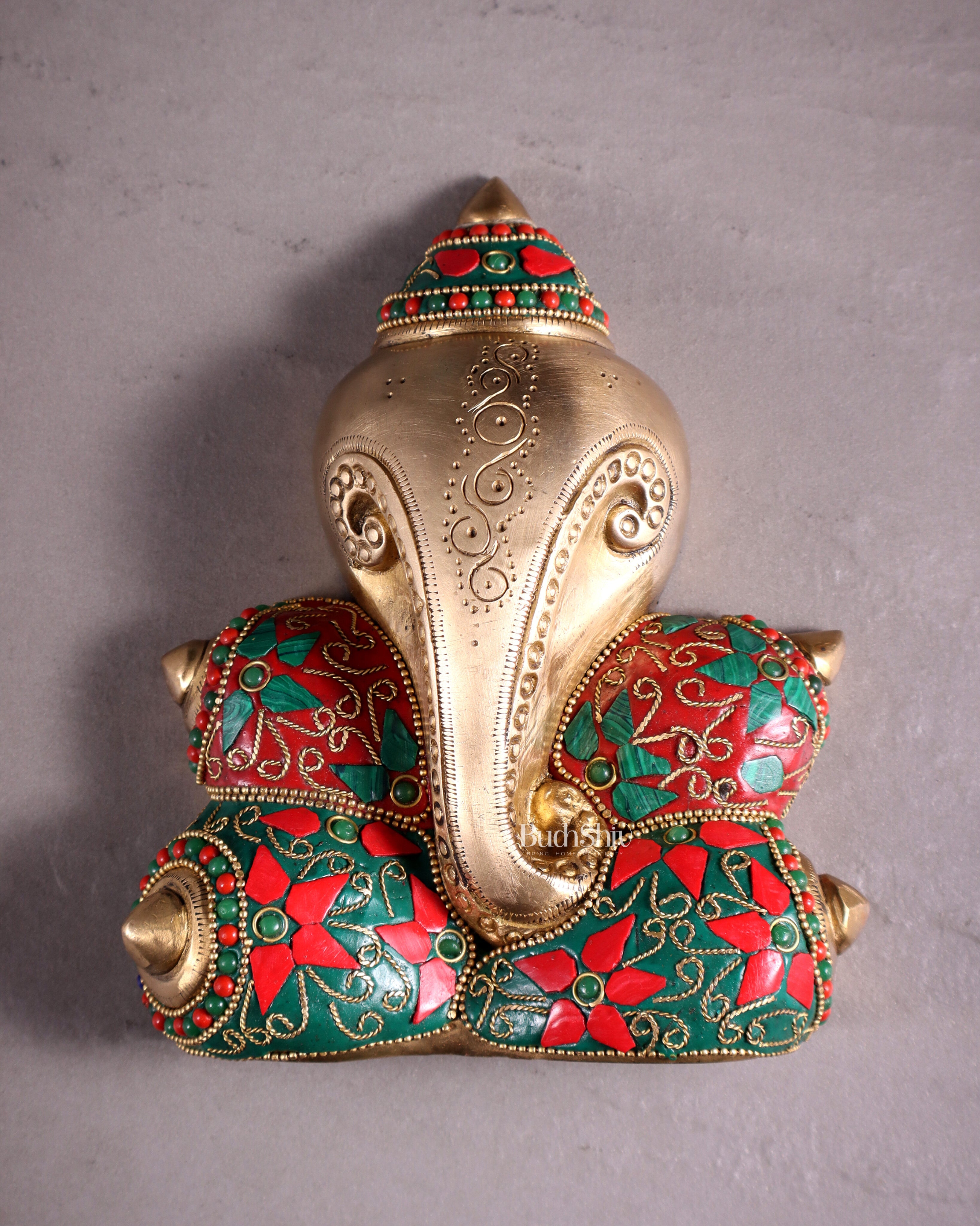 Pure Brass Abstract Lord Ganesha Wall Hanging with Floral Stonework 7"