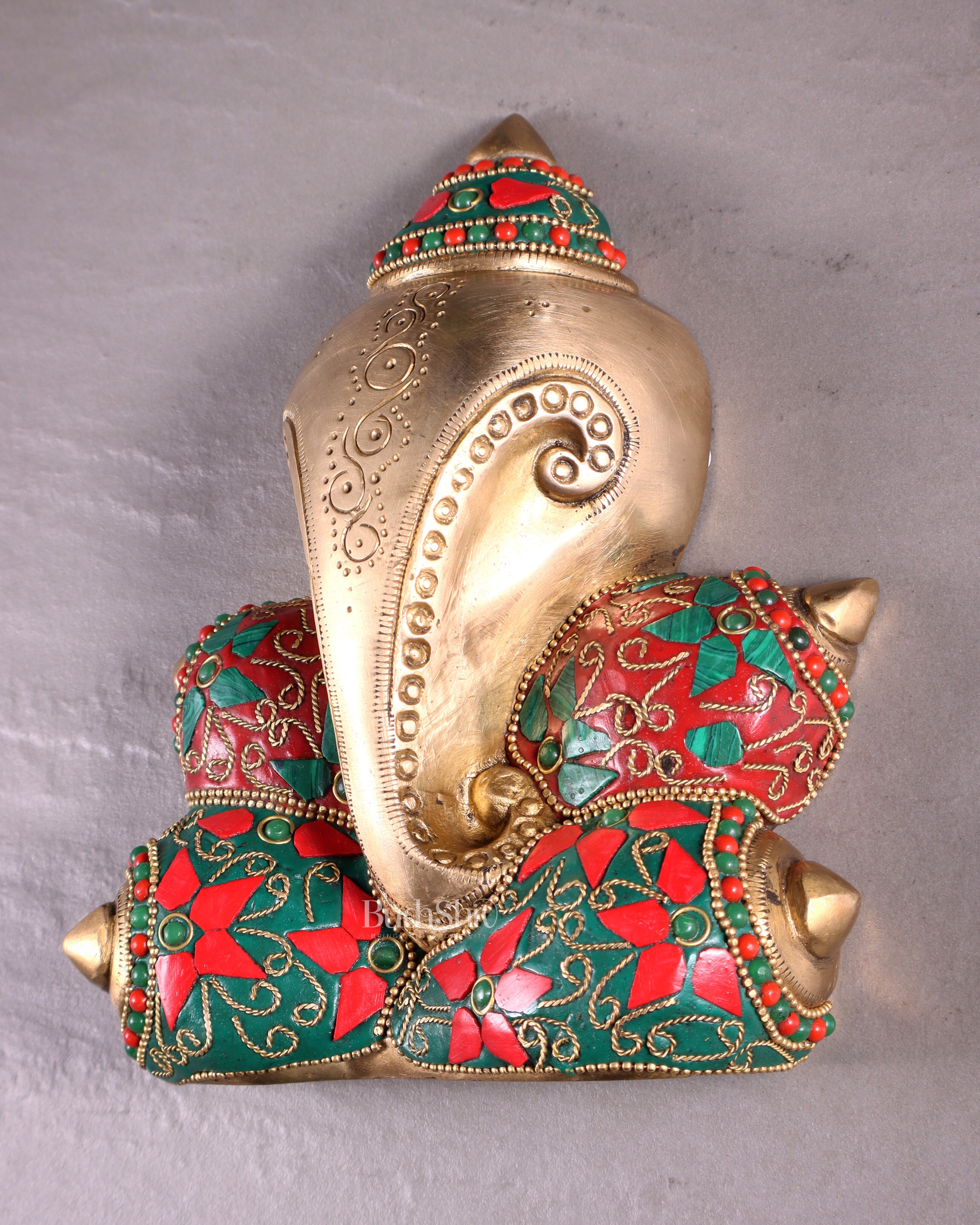 Pure Brass Abstract Lord Ganesha Wall Hanging with Floral Stonework 7"
