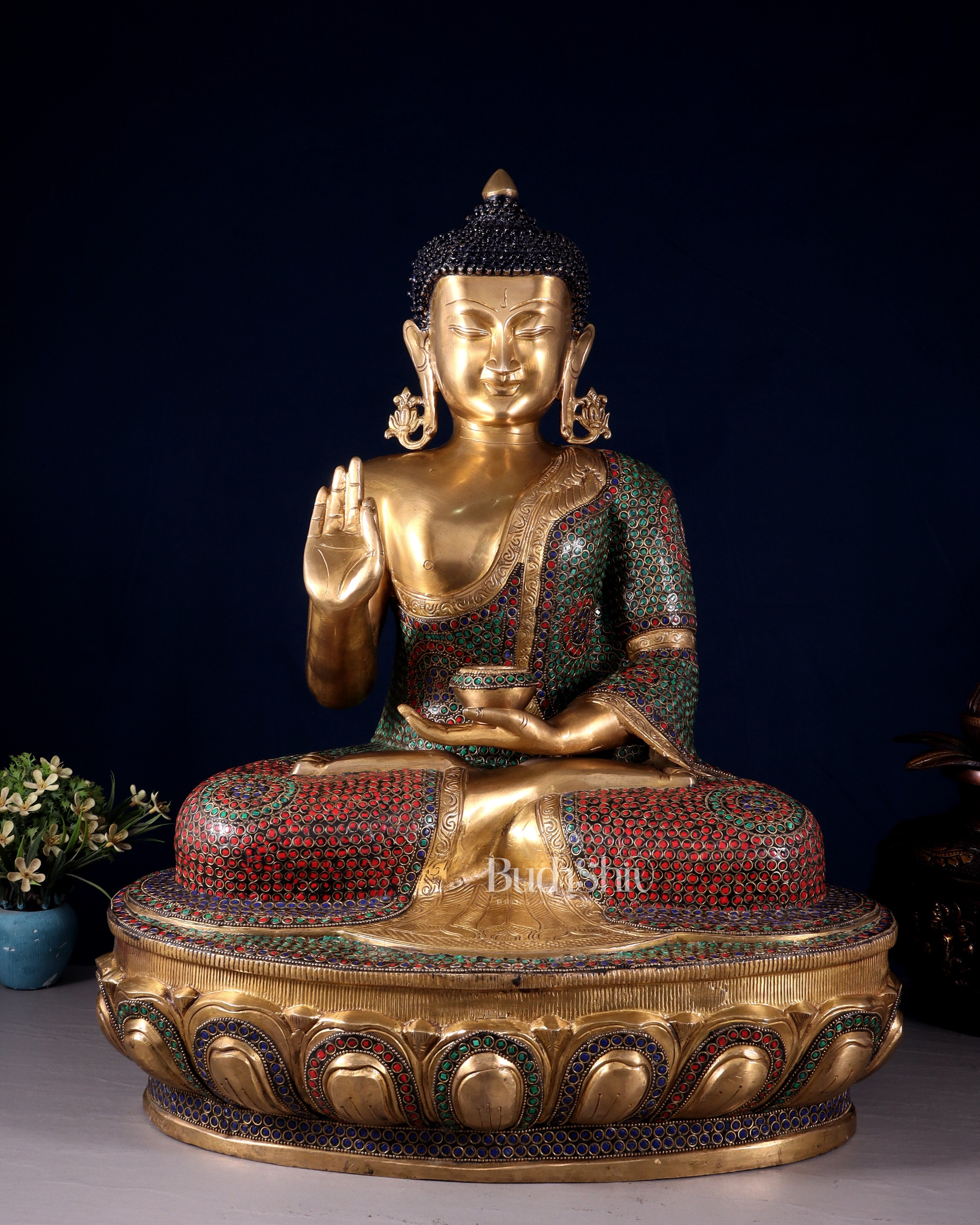 Brass Buddha Statue with Unique Rings and Stonework 23"