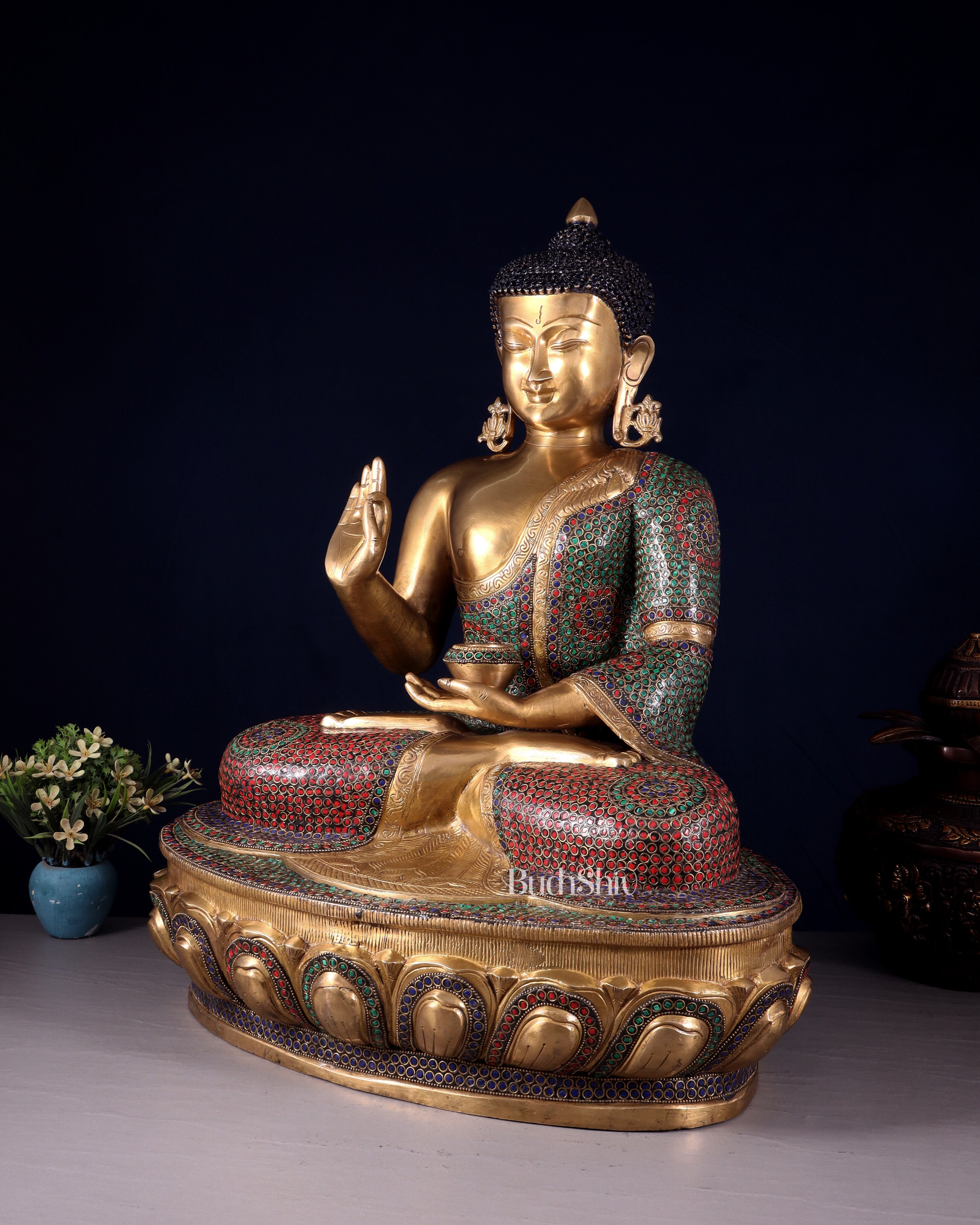 Brass Buddha Statue with Unique Rings and Stonework 23"