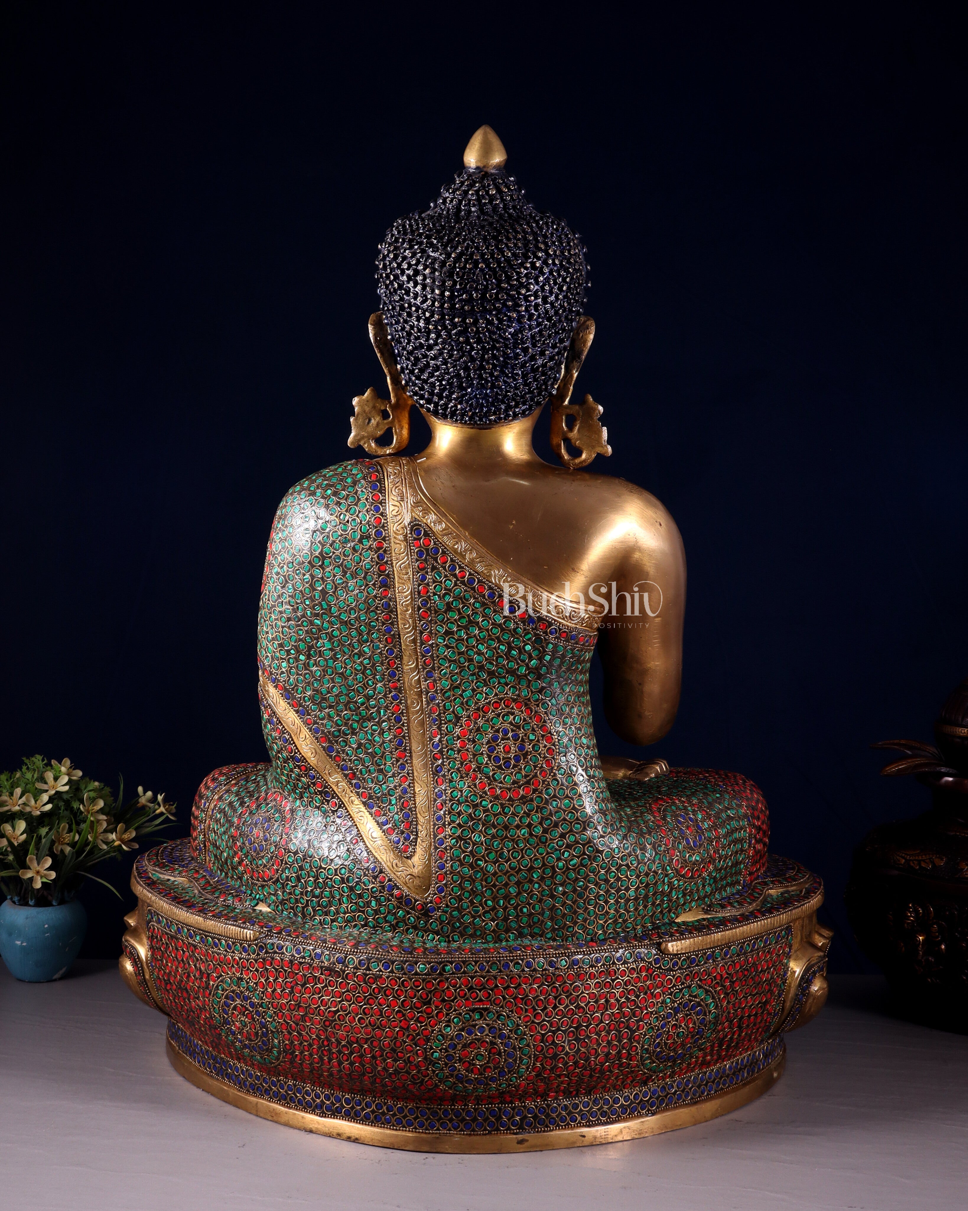 Brass Buddha Statue with Unique Rings and Stonework 23"