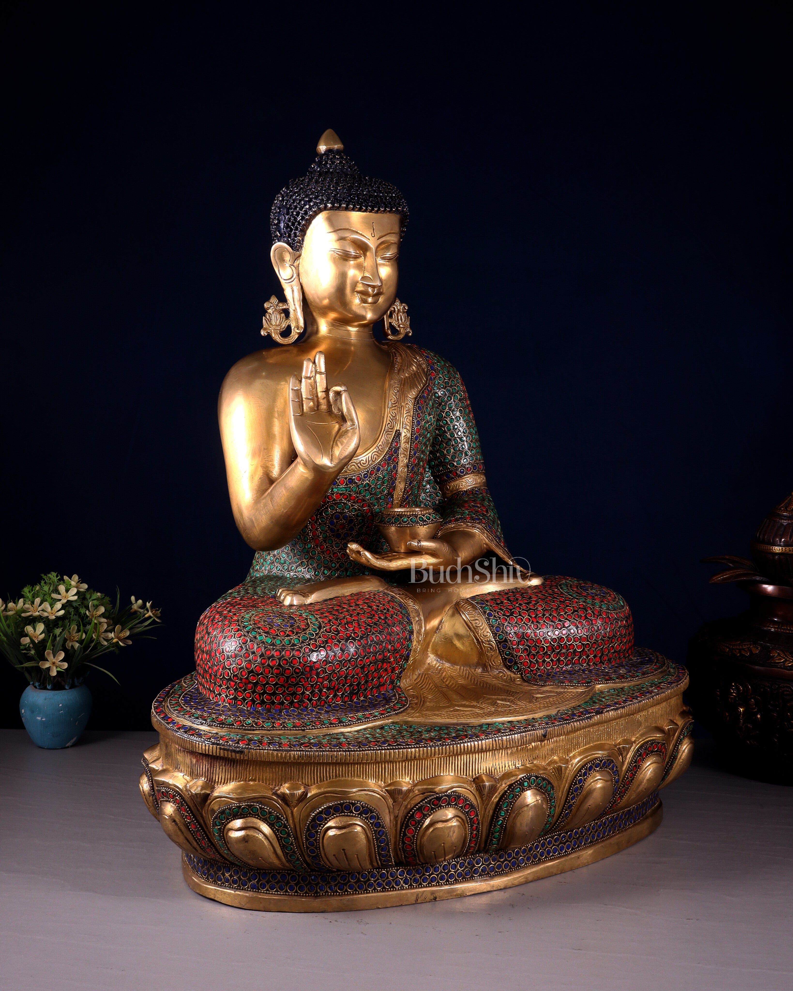 Brass Buddha Statue with Unique Rings and Stonework 23"